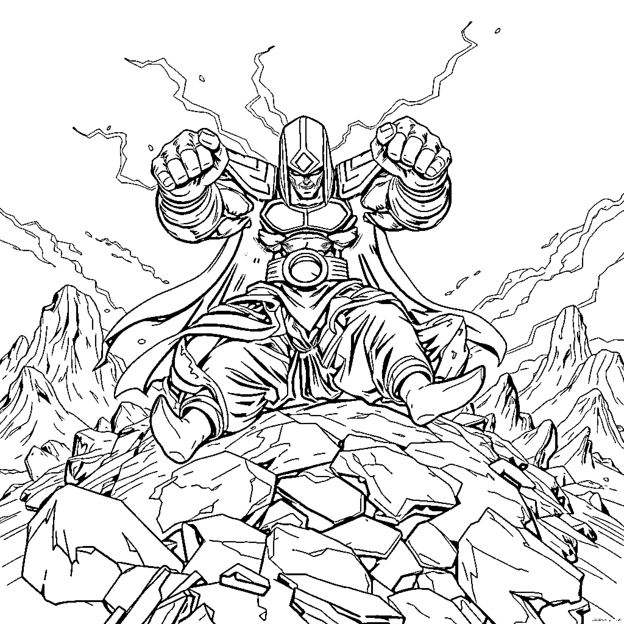 Darkseid's Tyrannical Reign over a Rugged Landscape Coloring Page (free black-and-white line drawing printable PDF for all, from beginners to advanced learners, including children, teens, adults, and seniors)