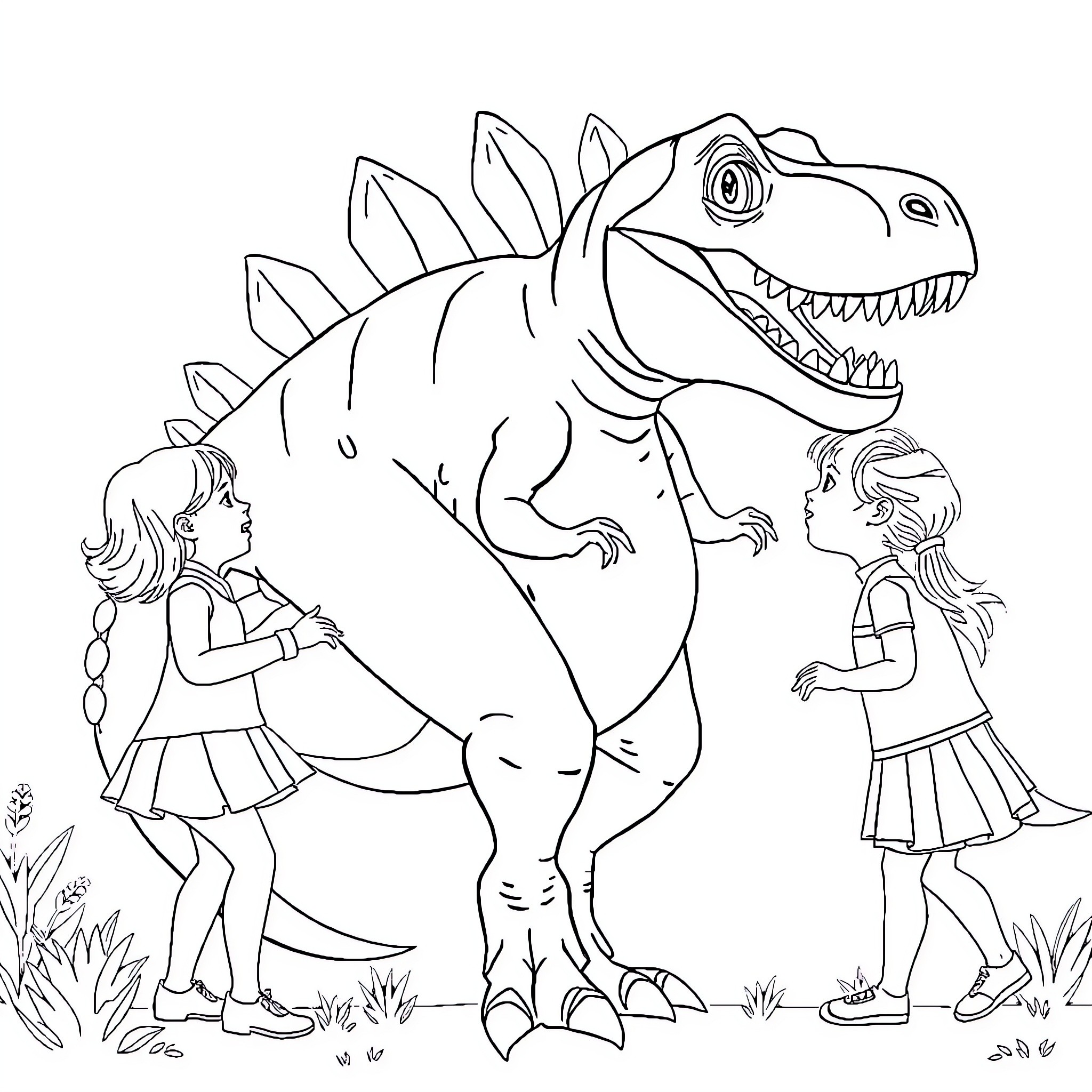 Girls exploring a friendly dinosaur in the wild Coloring Page (free black-and-white line drawing printable PDF for all, from beginners to advanced learners, including children, teens, adults, and seniors)