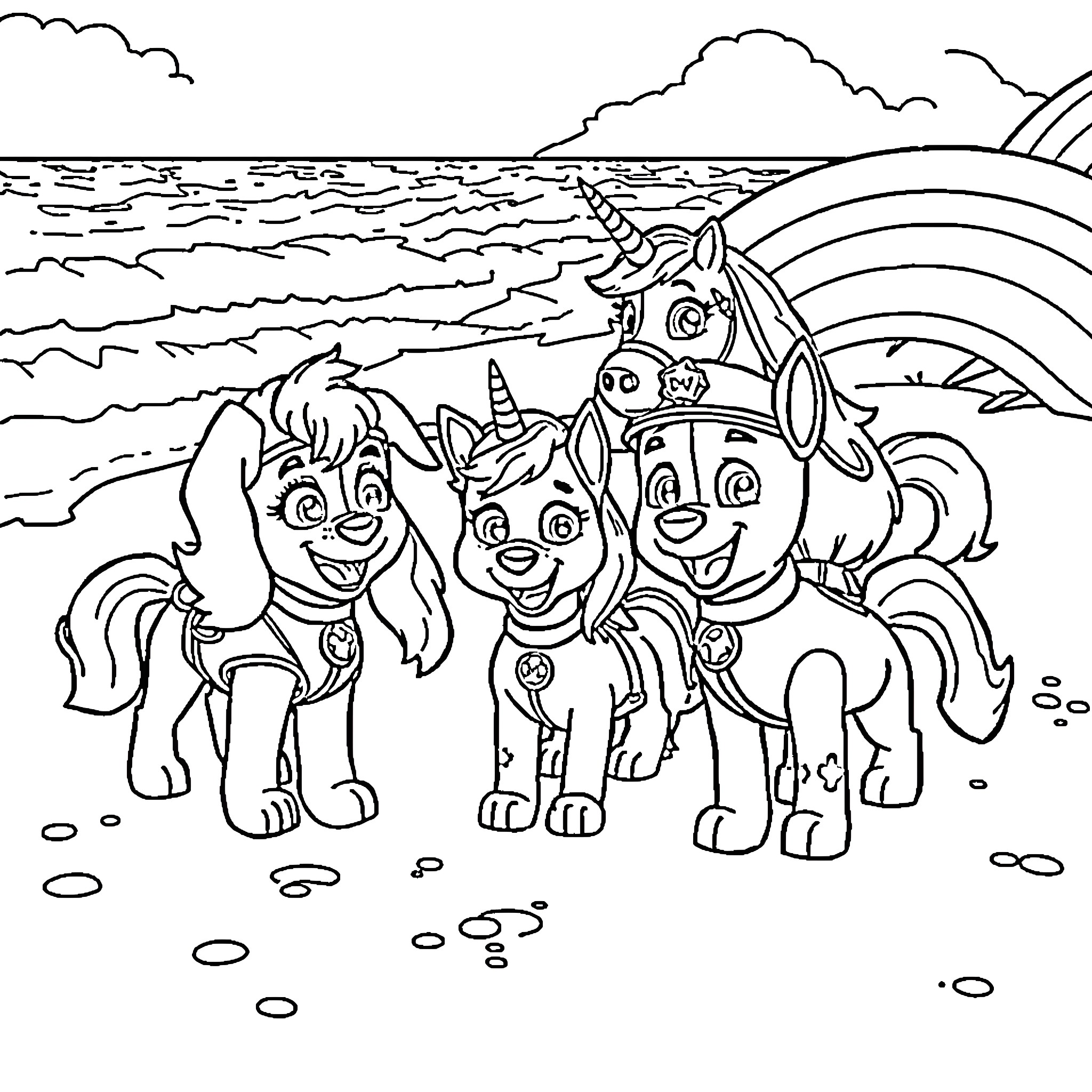 Paw Patrol Puppies Frolicking on the Beach Coloring Page (free black-and-white line drawing printable PDF for all, from beginners to advanced learners, including children, teens, adults, and seniors)