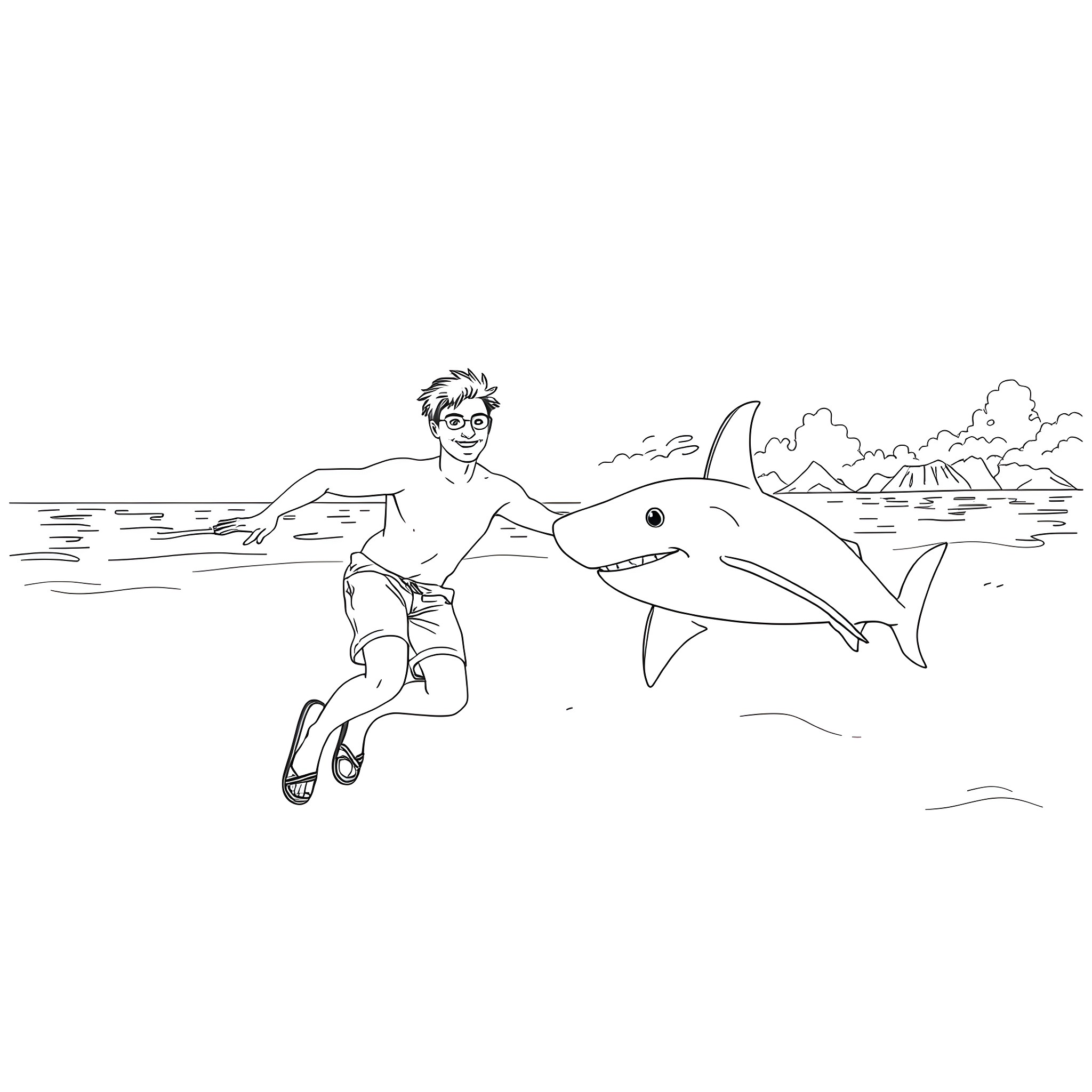 Guy Swimming with Friendly Shark in the Ocean Coloring Page (free black-and-white line drawing printable PDF for all, from beginners to advanced learners, including children, teens, adults, and seniors)