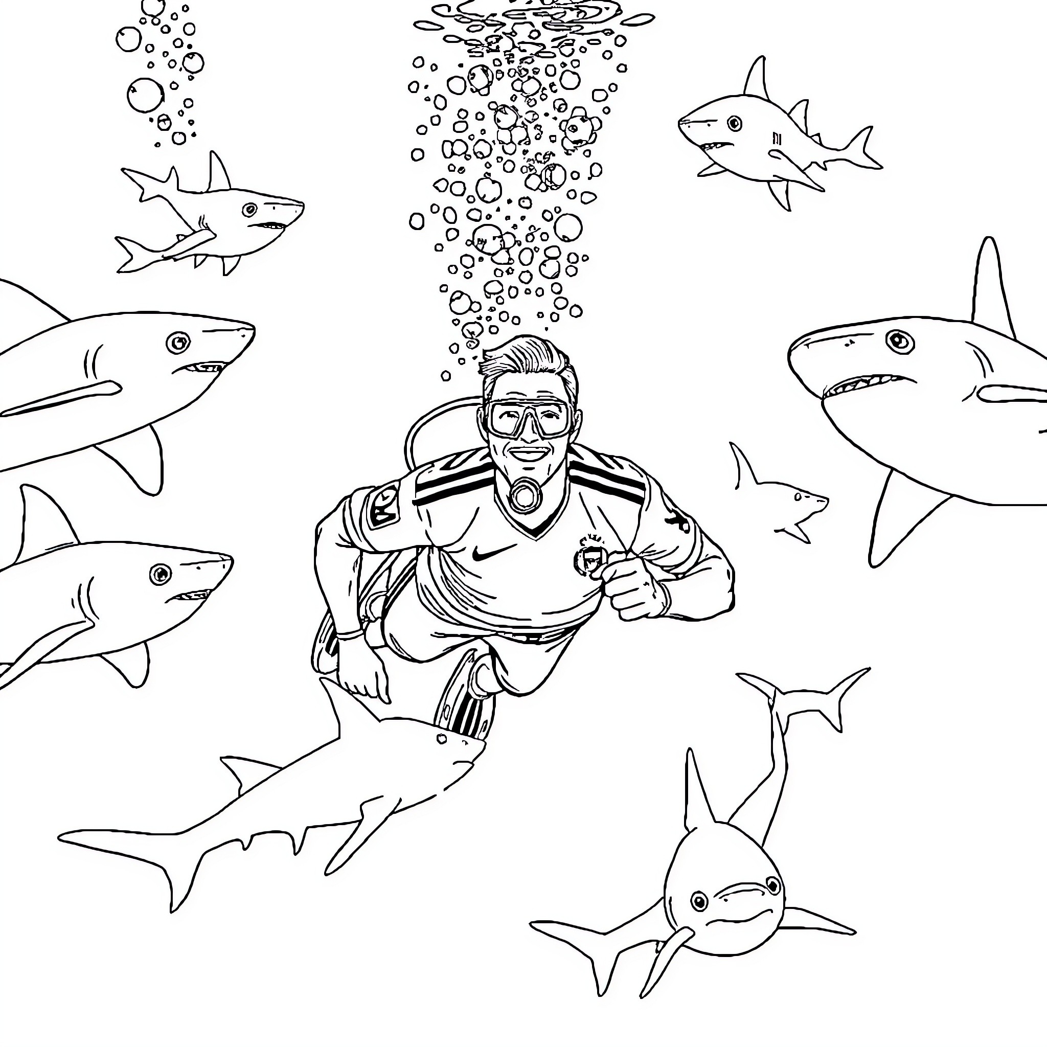 Christiano Ronaldo scuba diving with sharks Coloring Page (free black-and-white line drawing printable PDF for all, from beginners to advanced learners, including children, teens, adults, and seniors)