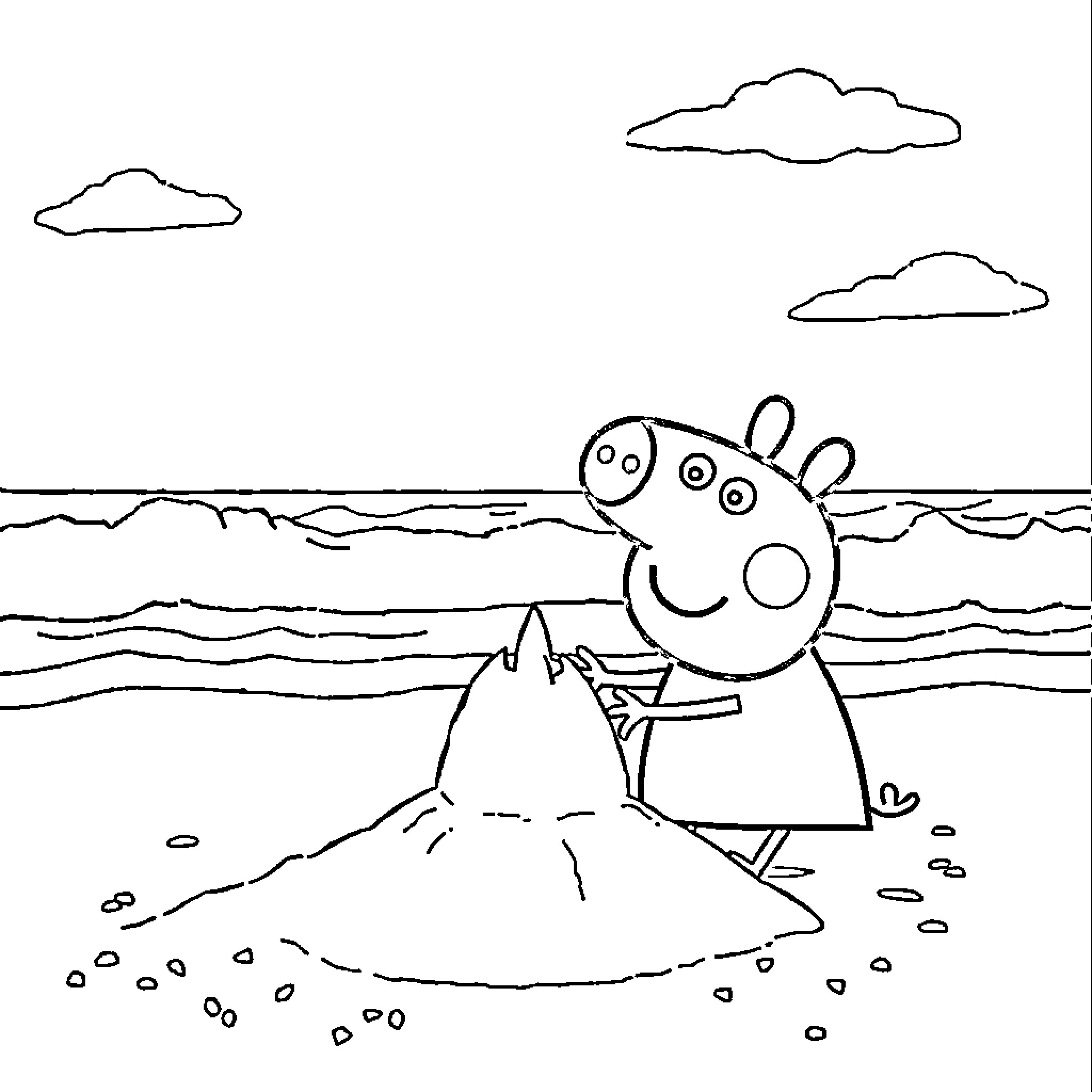 Peppa Pig enjoying a day at the beach Coloring Page (free black-and-white line drawing printable PDF for all, from beginners to advanced learners, including children, teens, adults, and seniors)