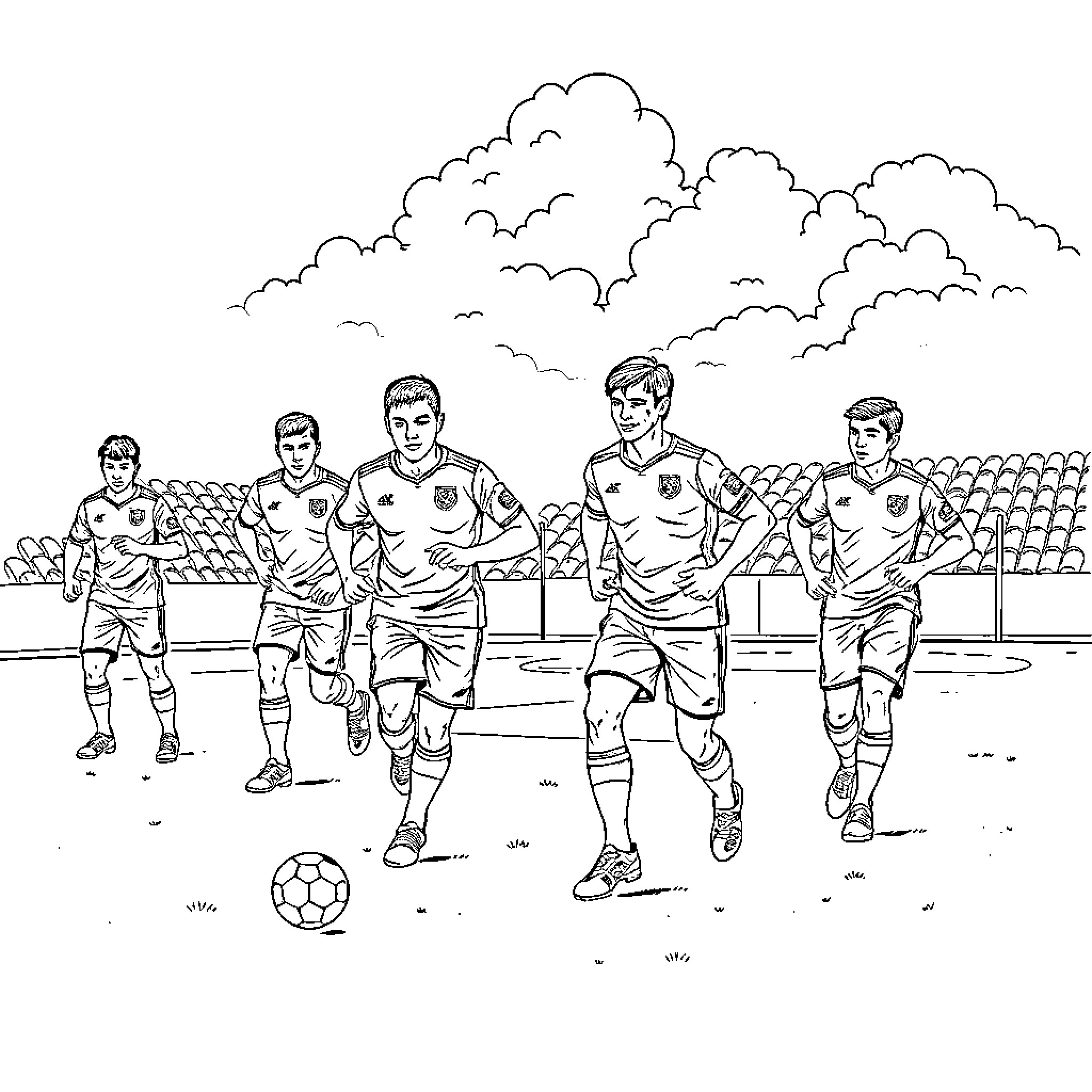 Racing Santander Soccer Players in Action Coloring Page (free black-and-white line drawing printable PDF for all, from beginners to advanced learners, including children, teens, adults, and seniors)