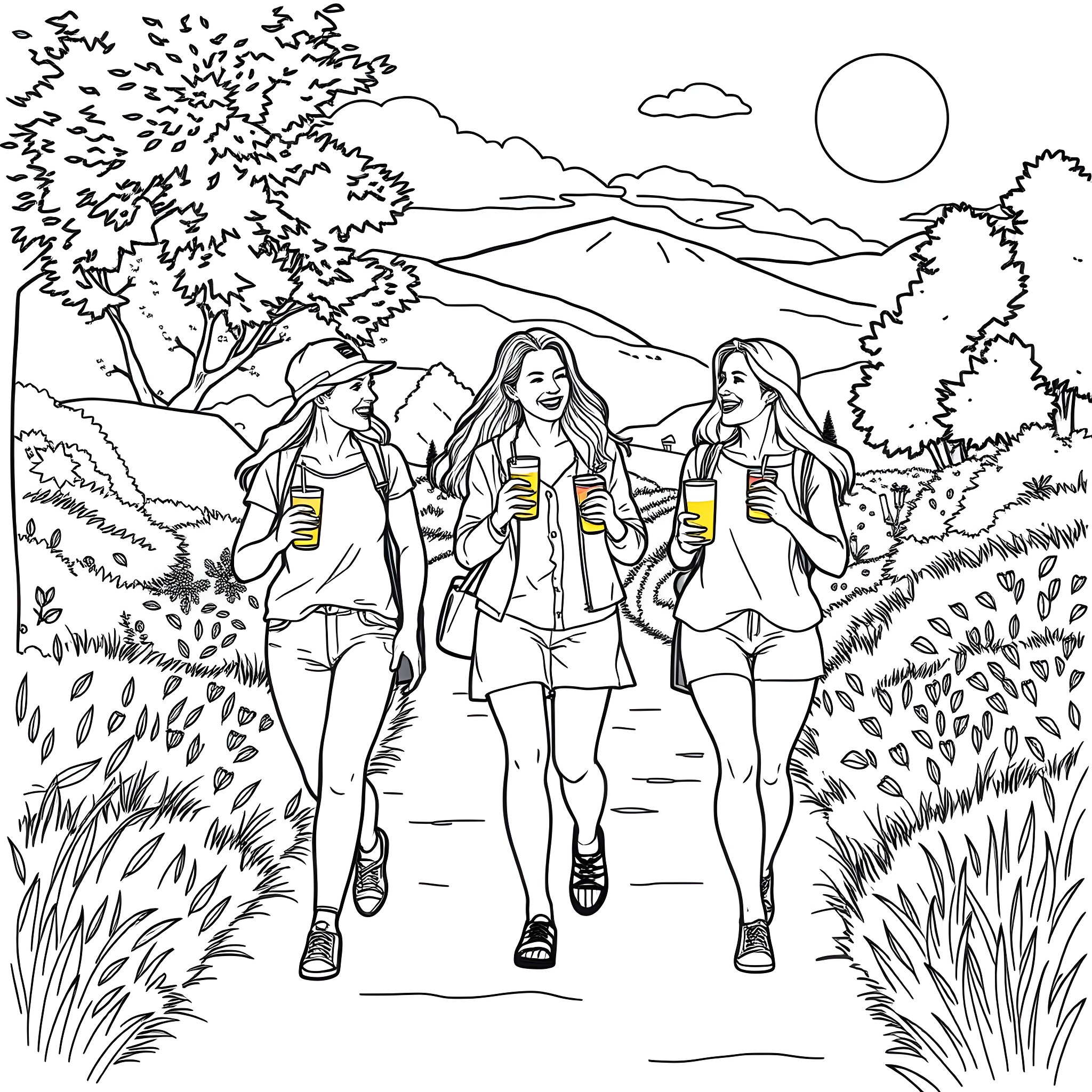 Guy friends hiking on trail in nature Coloring Page (free black-and-white line drawing printable PDF for all, from beginners to advanced learners, including children, teens, adults, and seniors)