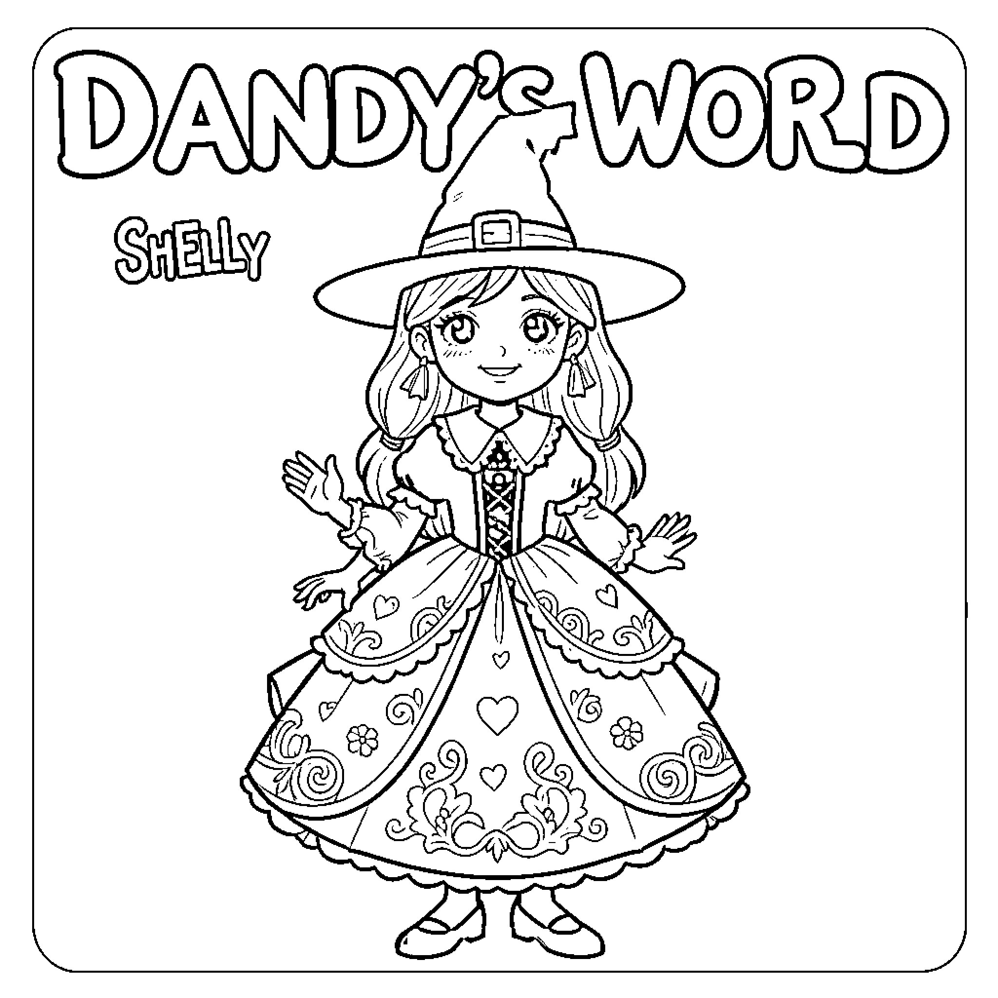 Witch in fancy dress entertaining Coloring Page (free black-and-white line drawing printable PDF for all, from beginners to advanced learners, including children, teens, adults, and seniors)
