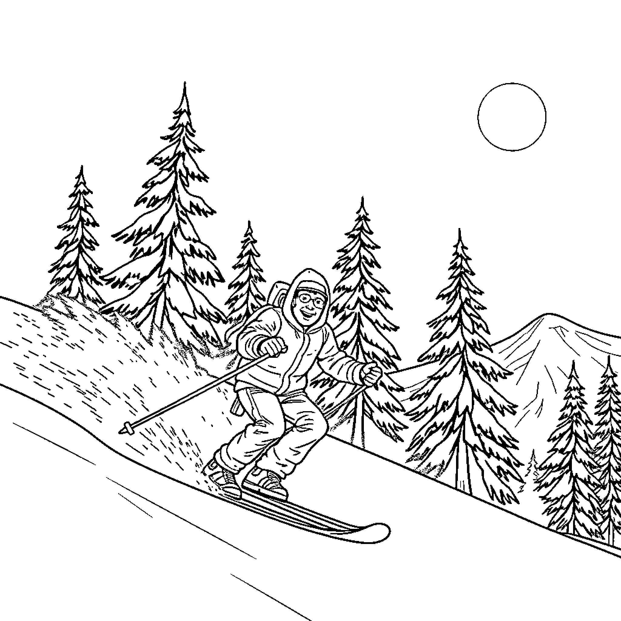 Dad Skiing Down the Snowy Mountain Coloring Page (free black-and-white line drawing printable PDF for all, from beginners to advanced learners, including children, teens, adults, and seniors)