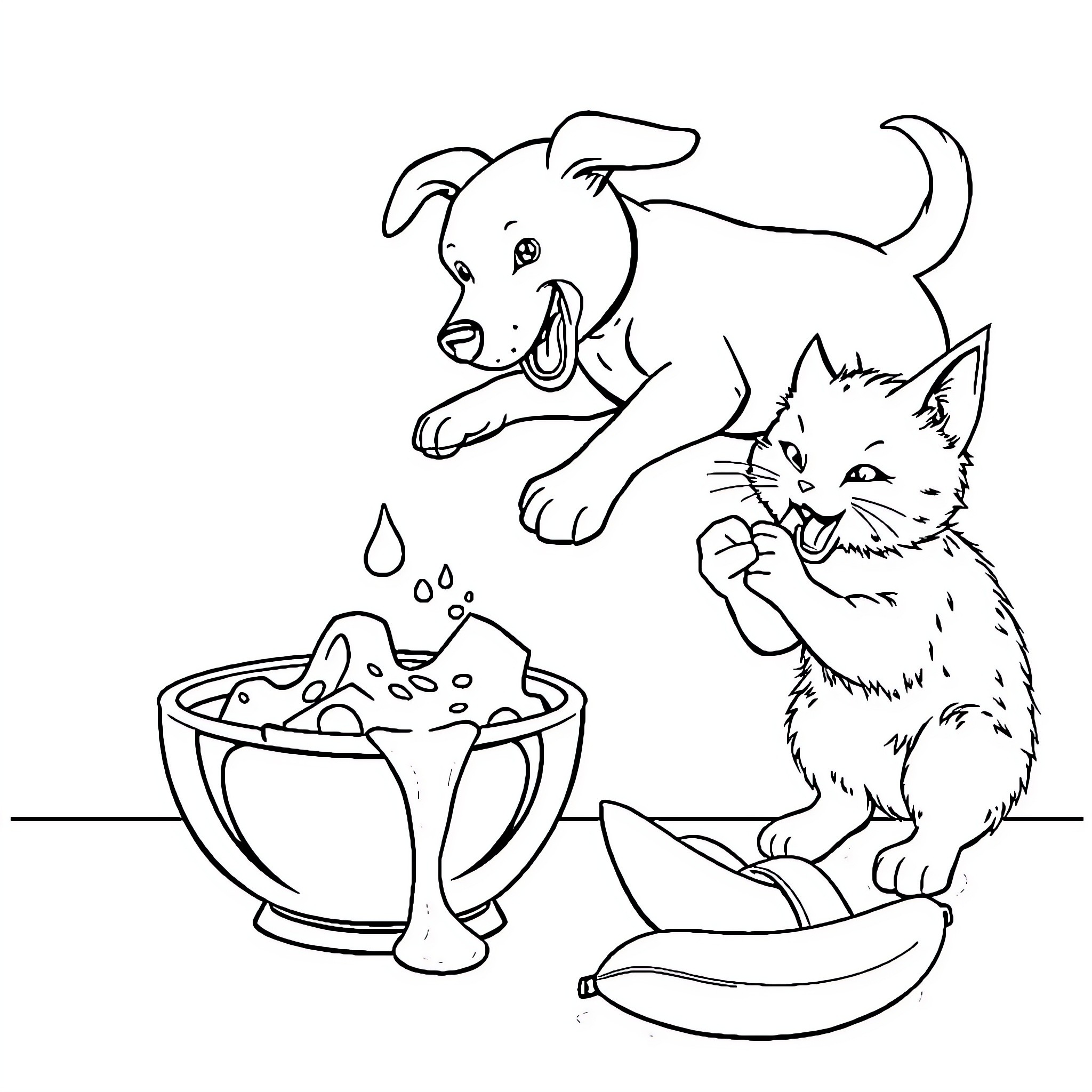 Dog and cat playing together near food bowl Coloring Page (free black-and-white line drawing printable PDF for all, from beginners to advanced learners, including children, teens, adults, and seniors)
