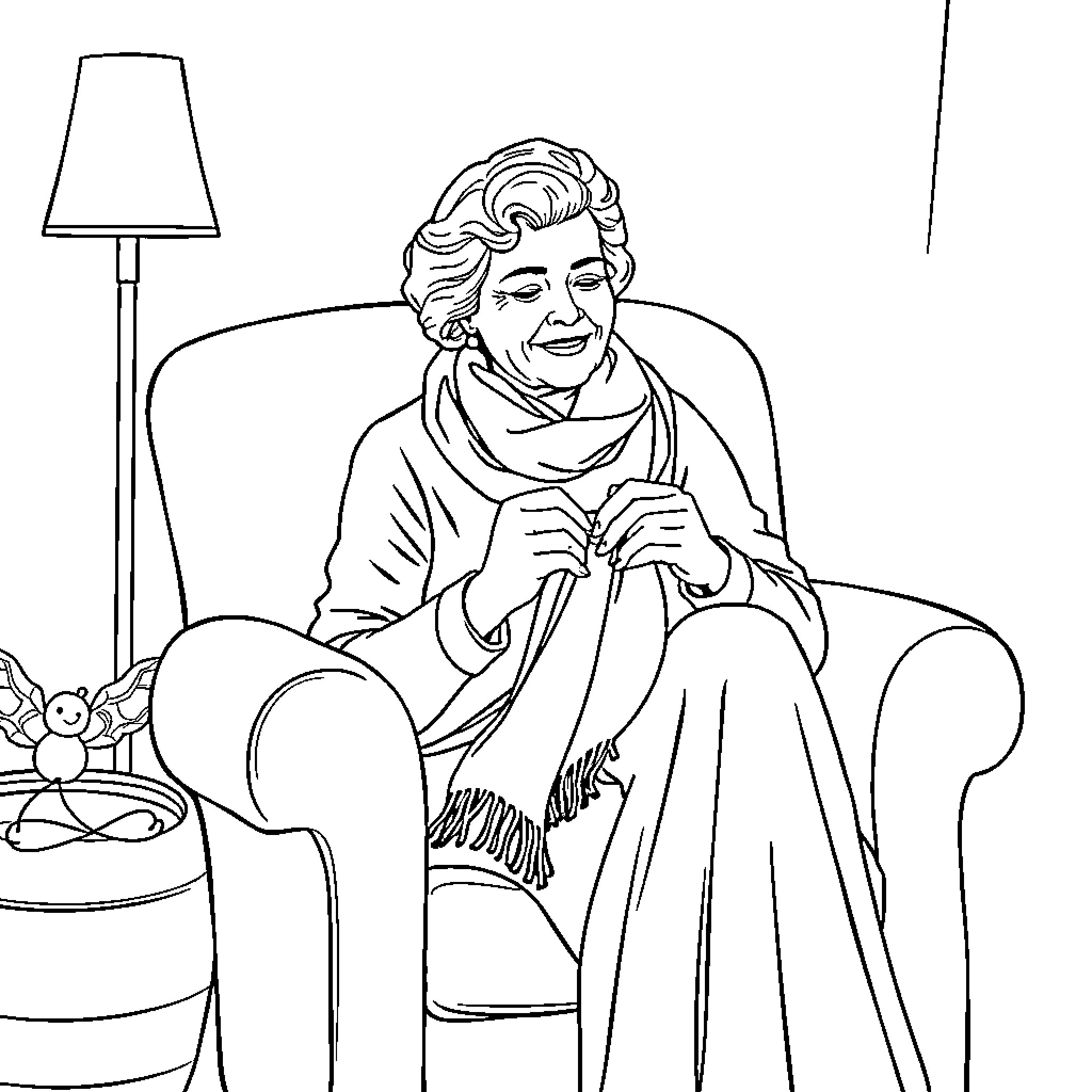Madonna knitting in cozy armchair Coloring Page (free black-and-white line drawing printable PDF for all, from beginners to advanced learners, including children, teens, adults, and seniors)
