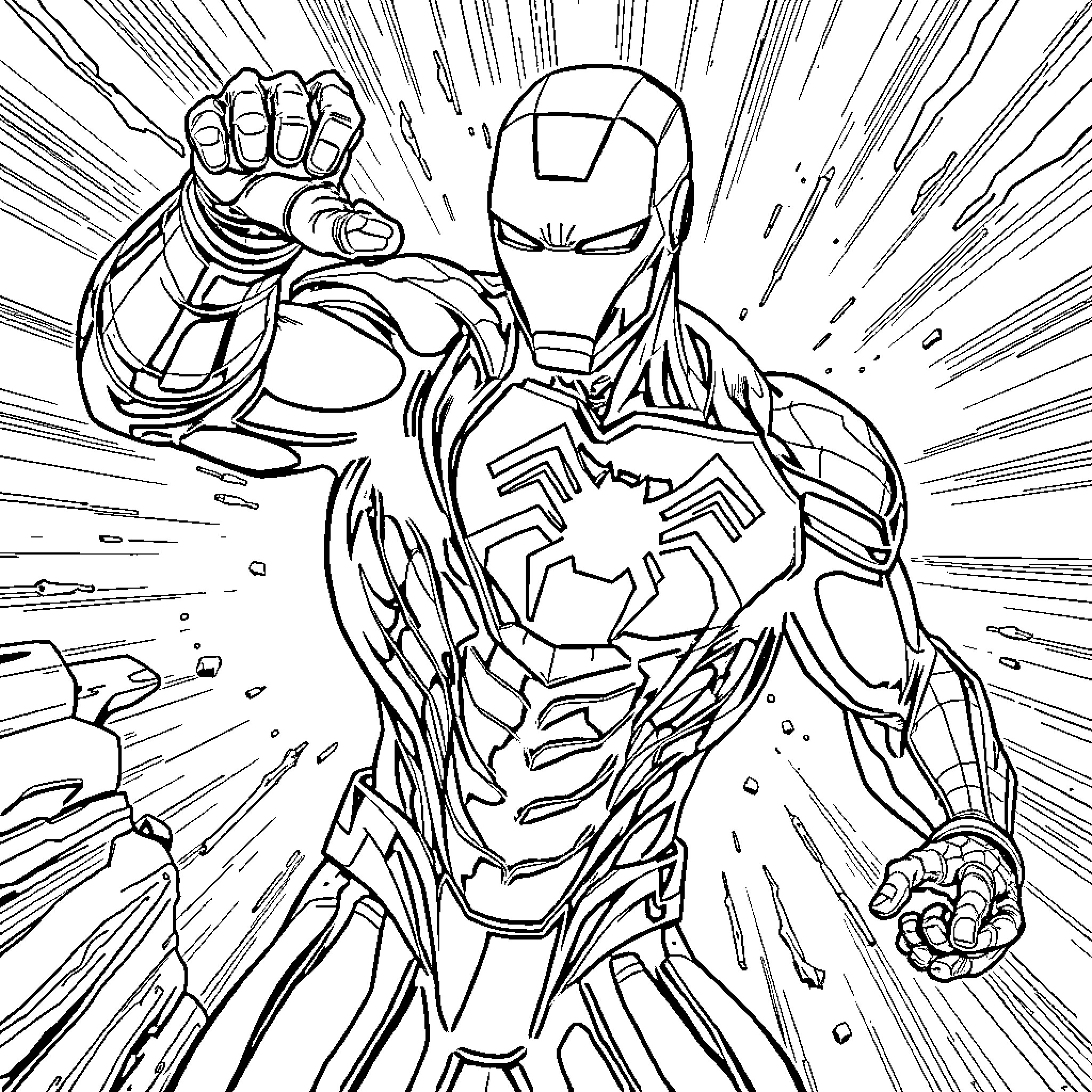 Iron Man striking a powerful heroic pose Coloring Page (free black-and-white line drawing printable PDF for all, from beginners to advanced learners, including children, teens, adults, and seniors)