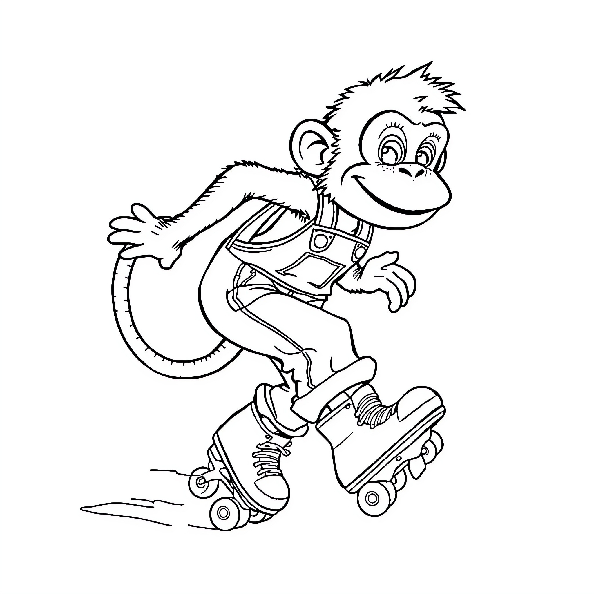 Monkey roller skating joyfully Coloring Page (free black-and-white line drawing printable PDF for all, from beginners to advanced learners, including children, teens, adults, and seniors)
