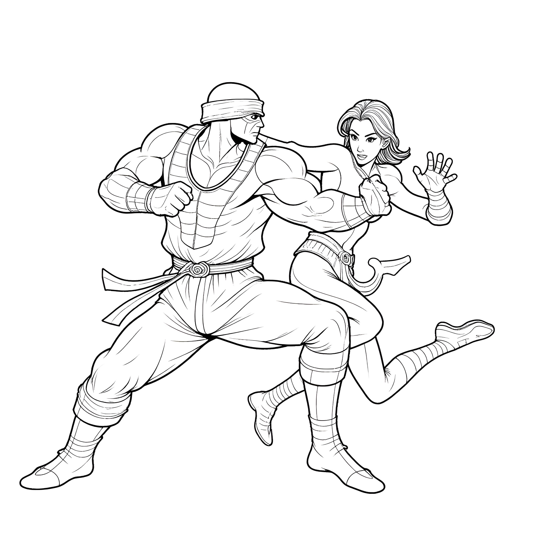 Scorpion warriors in intense combat Coloring Page (free black-and-white line drawing printable PDF for all, from beginners to advanced learners, including children, teens, adults, and seniors)