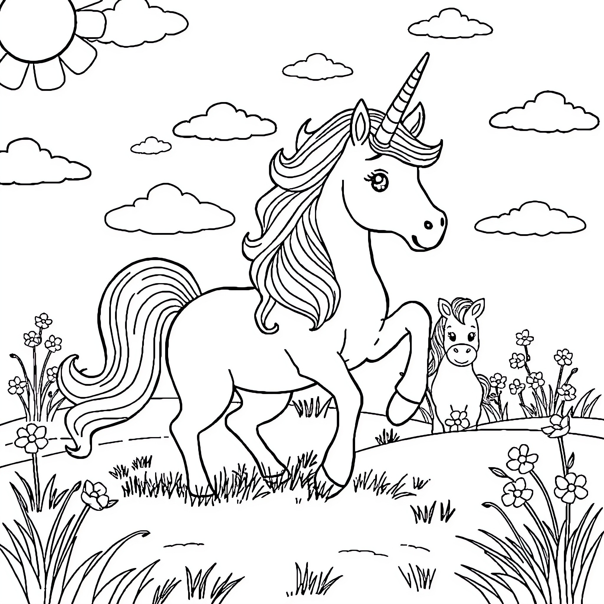 Unicorn Frolicking Amid Enchanting Meadow and Clouds Coloring Page (free black-and-white line drawing printable PDF for all, from beginners to advanced learners, including children, teens, adults, and seniors)