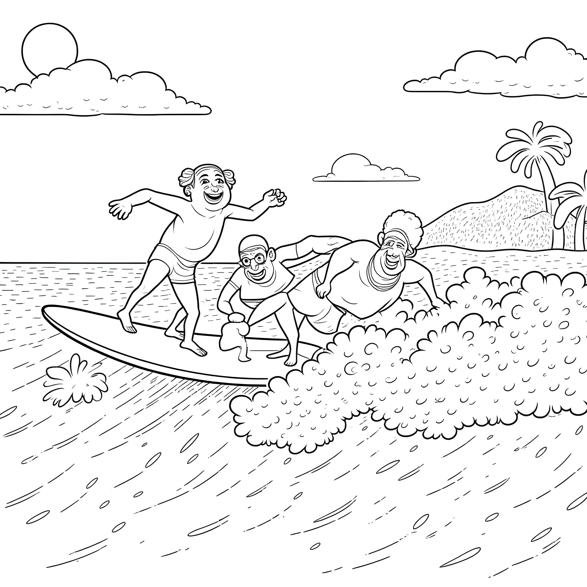 Stooges Surfing in Tropical Paradise Coloring Page (free black-and-white line drawing printable PDF for all, from beginners to advanced learners, including children, teens, adults, and seniors)