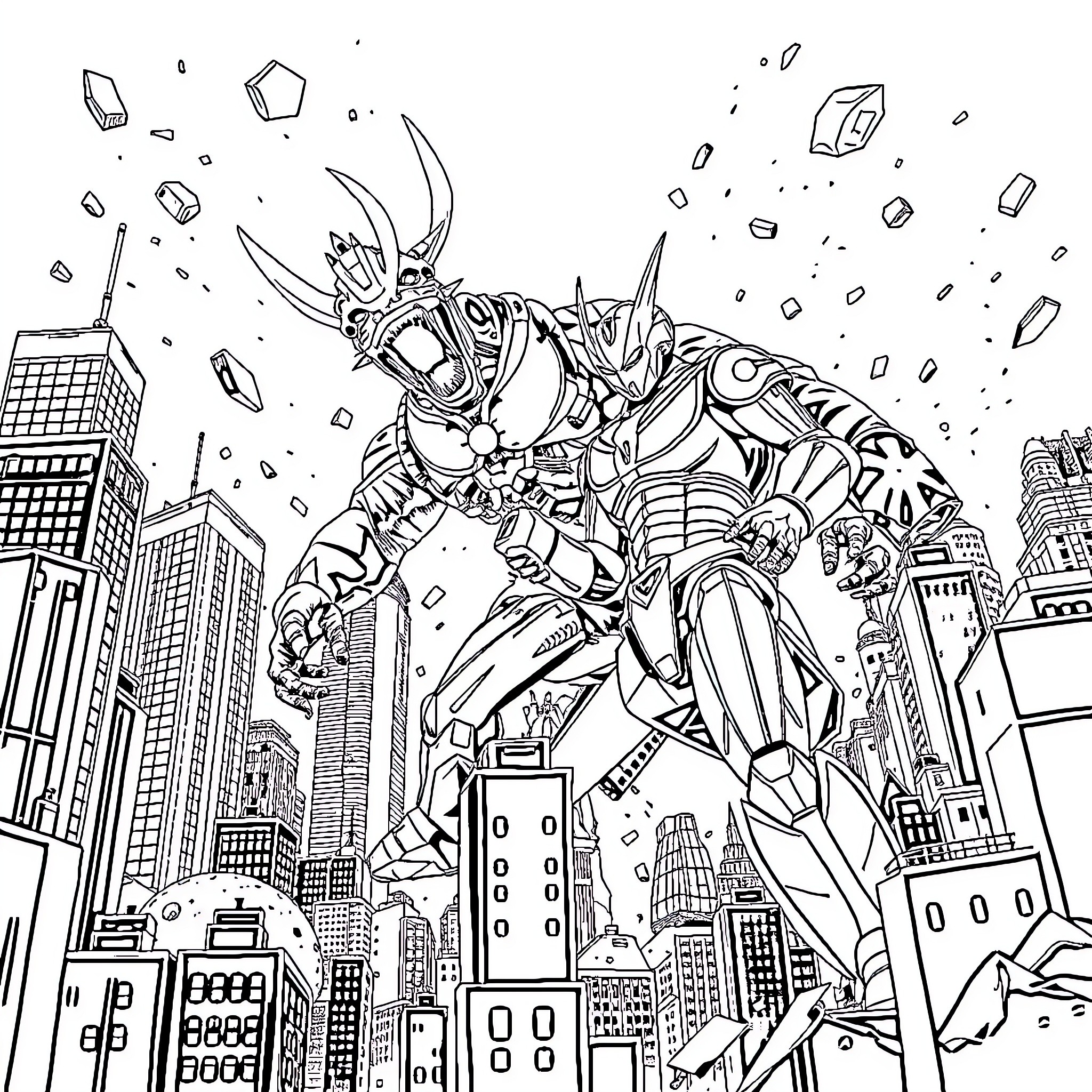 Ultraman destroying city skyscrapers in epic battle Coloring Page (free black-and-white line drawing printable PDF for all, from beginners to advanced learners, including children, teens, adults, and seniors)