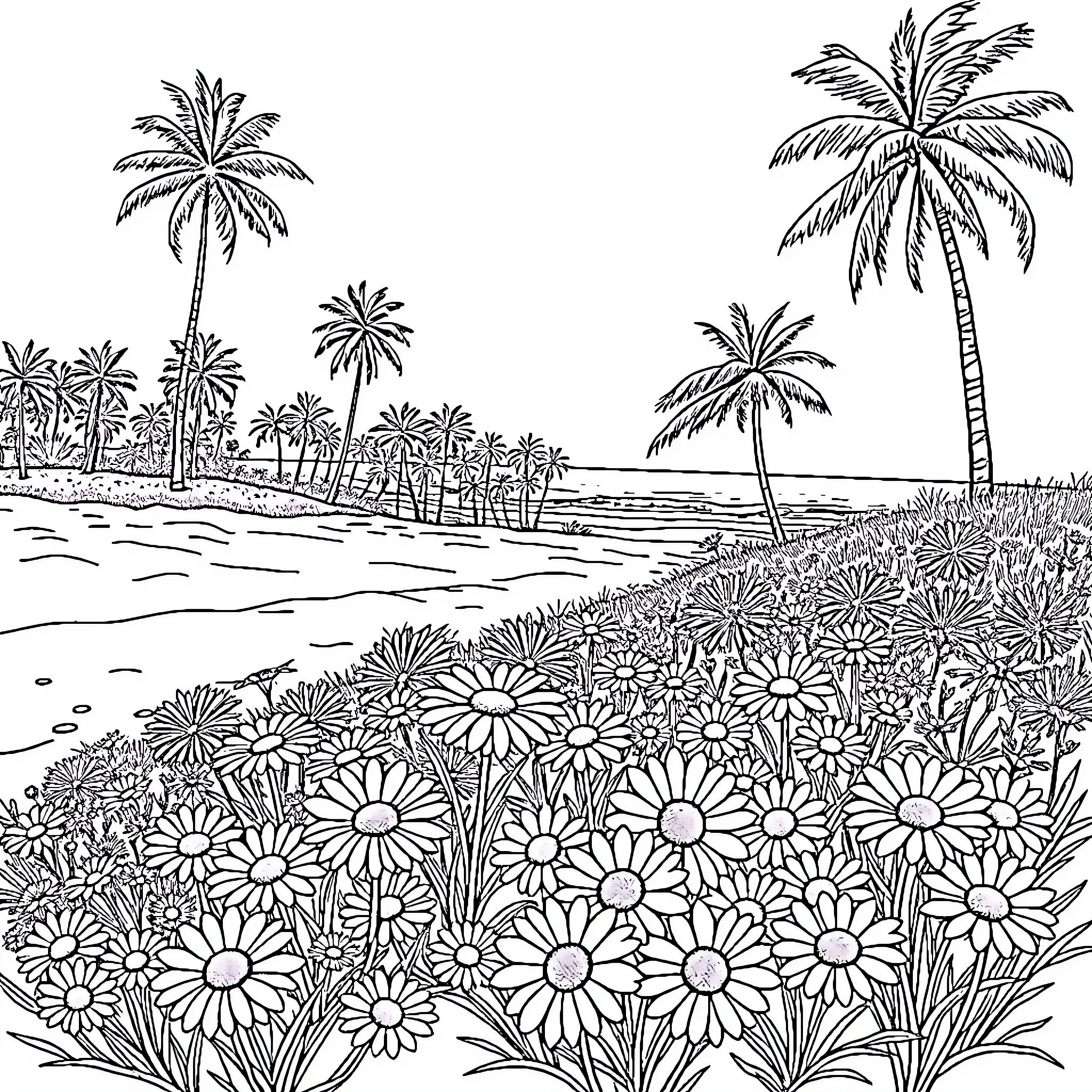 Daisy's Tropical Daydream Coloring Page (free black-and-white line drawing printable PDF for all, from beginners to advanced learners, including children, teens, adults, and seniors)