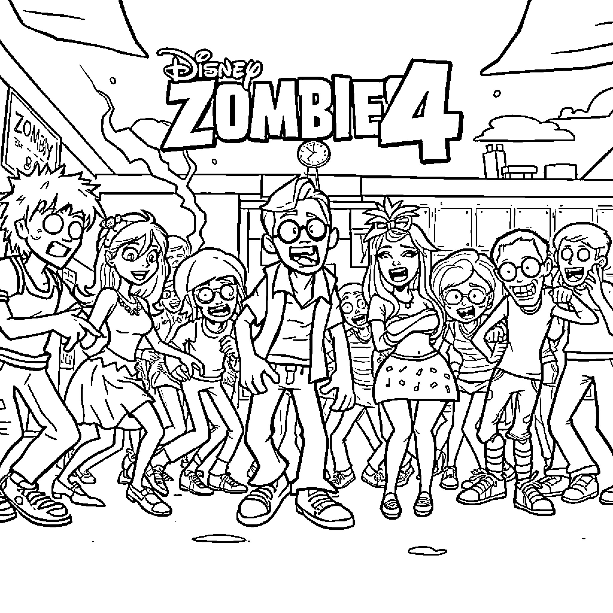 Zombies gather at the Disney Zombie 4 event Coloring Page (free black-and-white line drawing printable PDF for all, from beginners to advanced learners, including children, teens, adults, and seniors)