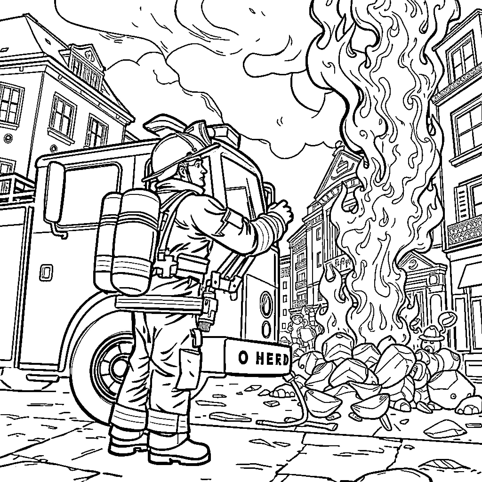 Firefighter battling a blaze in the city Coloring Page (free black-and-white line drawing printable PDF for all, from beginners to advanced learners, including children, teens, adults, and seniors)
