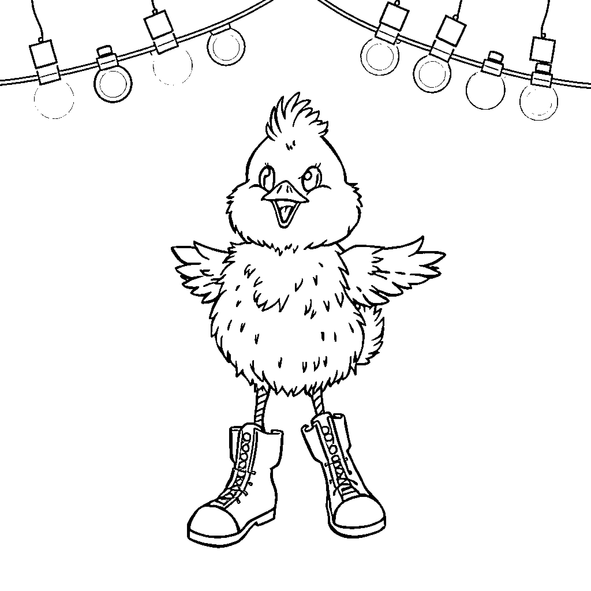 Chick standing under string lights Coloring Page (free black-and-white line drawing printable PDF for all, from beginners to advanced learners, including children, teens, adults, and seniors)