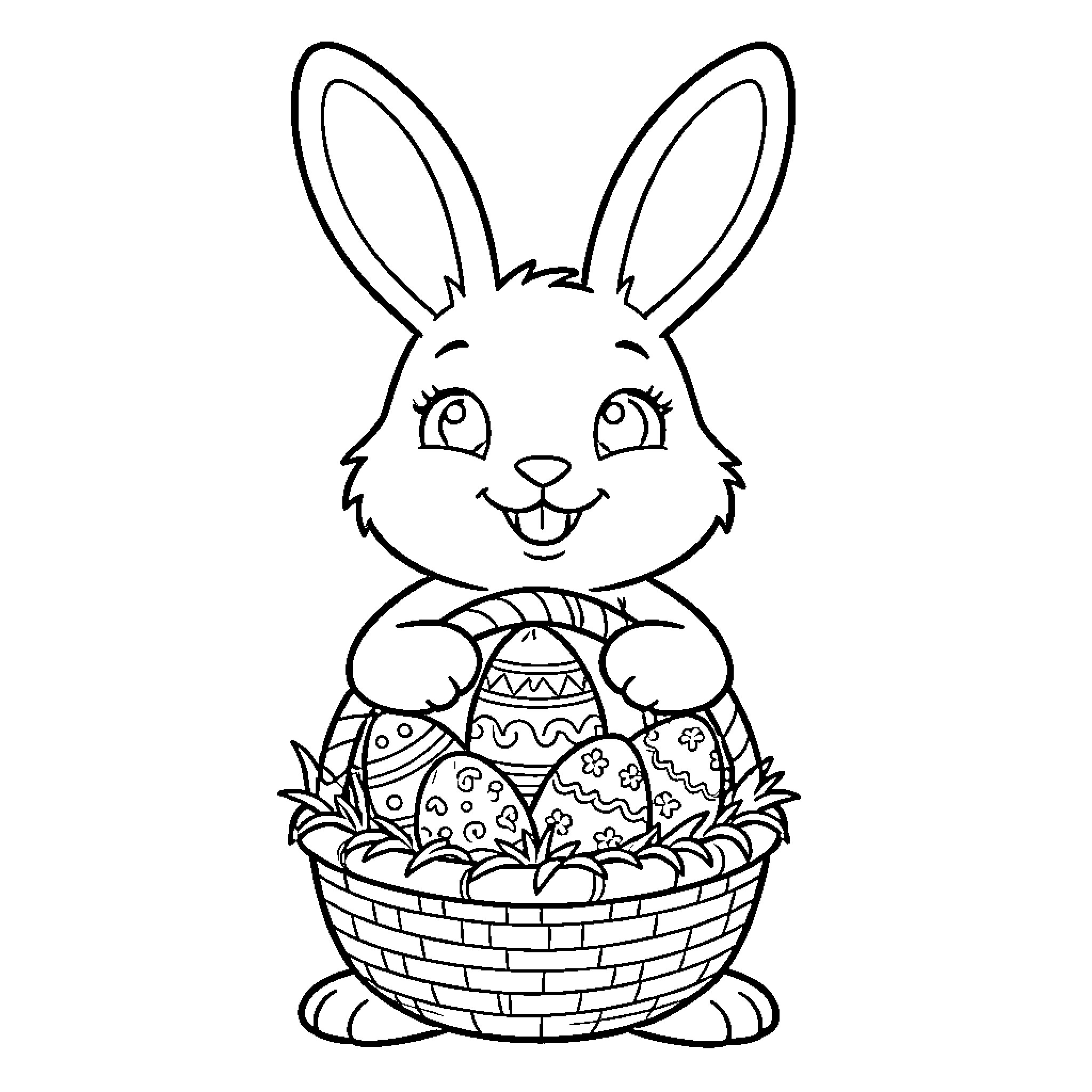Easter Bunny sitting with decorated Easter eggs in basket Coloring Page (free black-and-white line drawing printable PDF for all, from beginners to advanced learners, including children, teens, adults, and seniors)