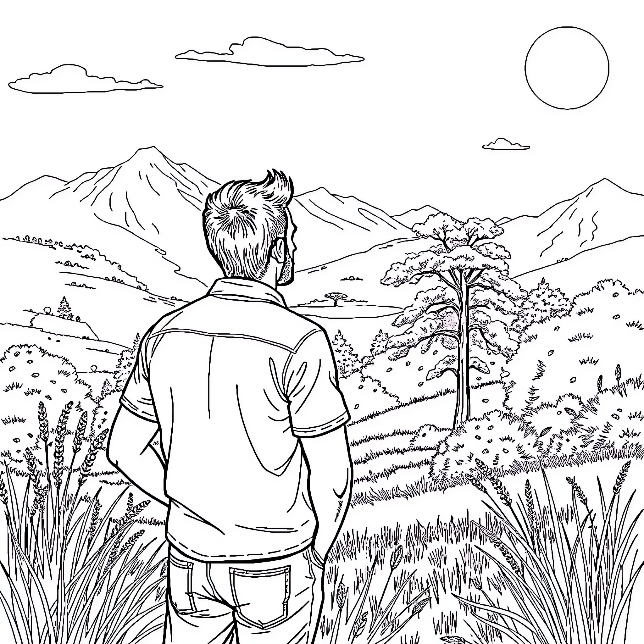 Man admiring the scenic mountain landscape Coloring Page (free black-and-white line drawing printable PDF for all, from beginners to advanced learners, including children, teens, adults, and seniors)
