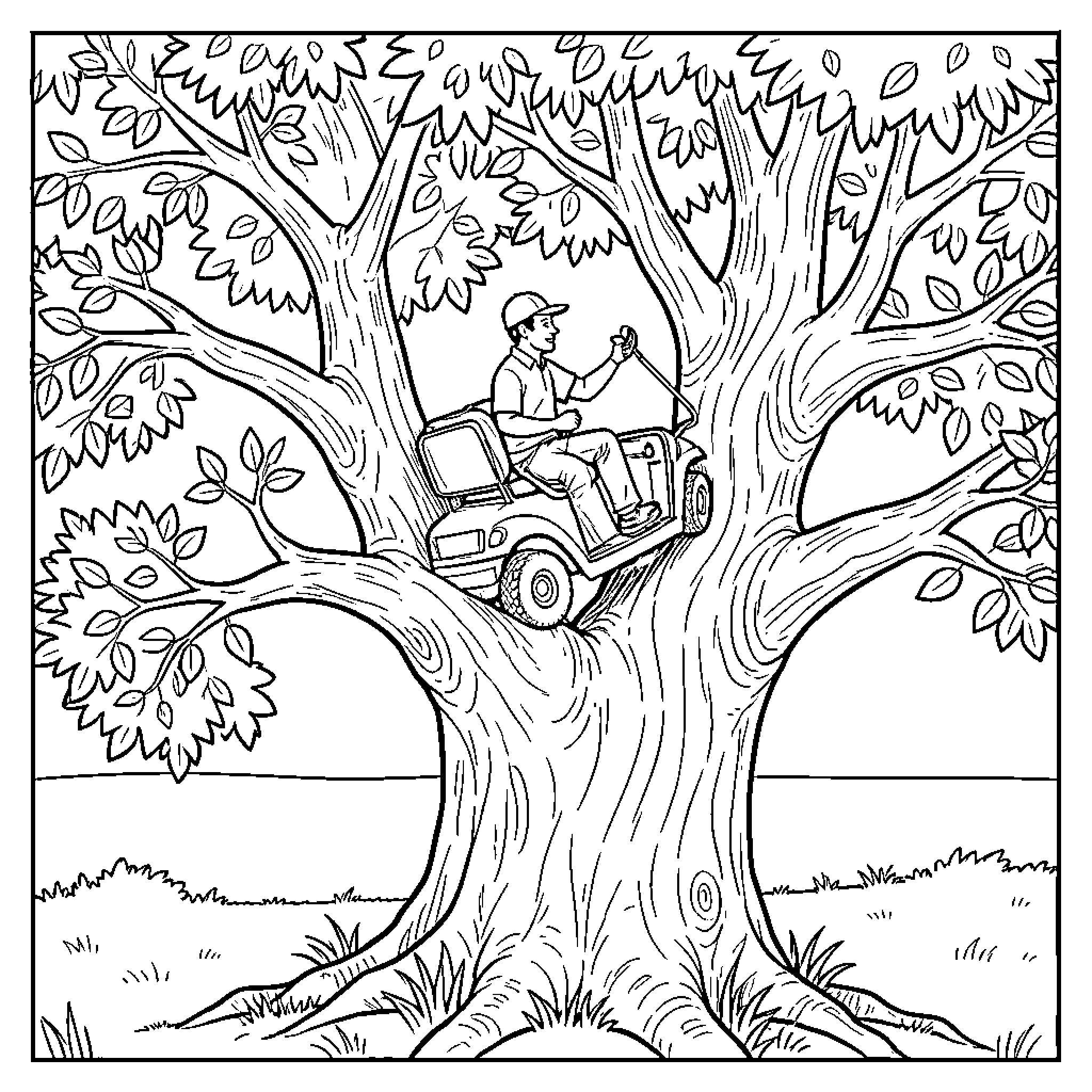 Golf Cart stuck high up in a large tree Coloring Page (free black-and-white line drawing printable PDF for all, from beginners to advanced learners, including children, teens, adults, and seniors)