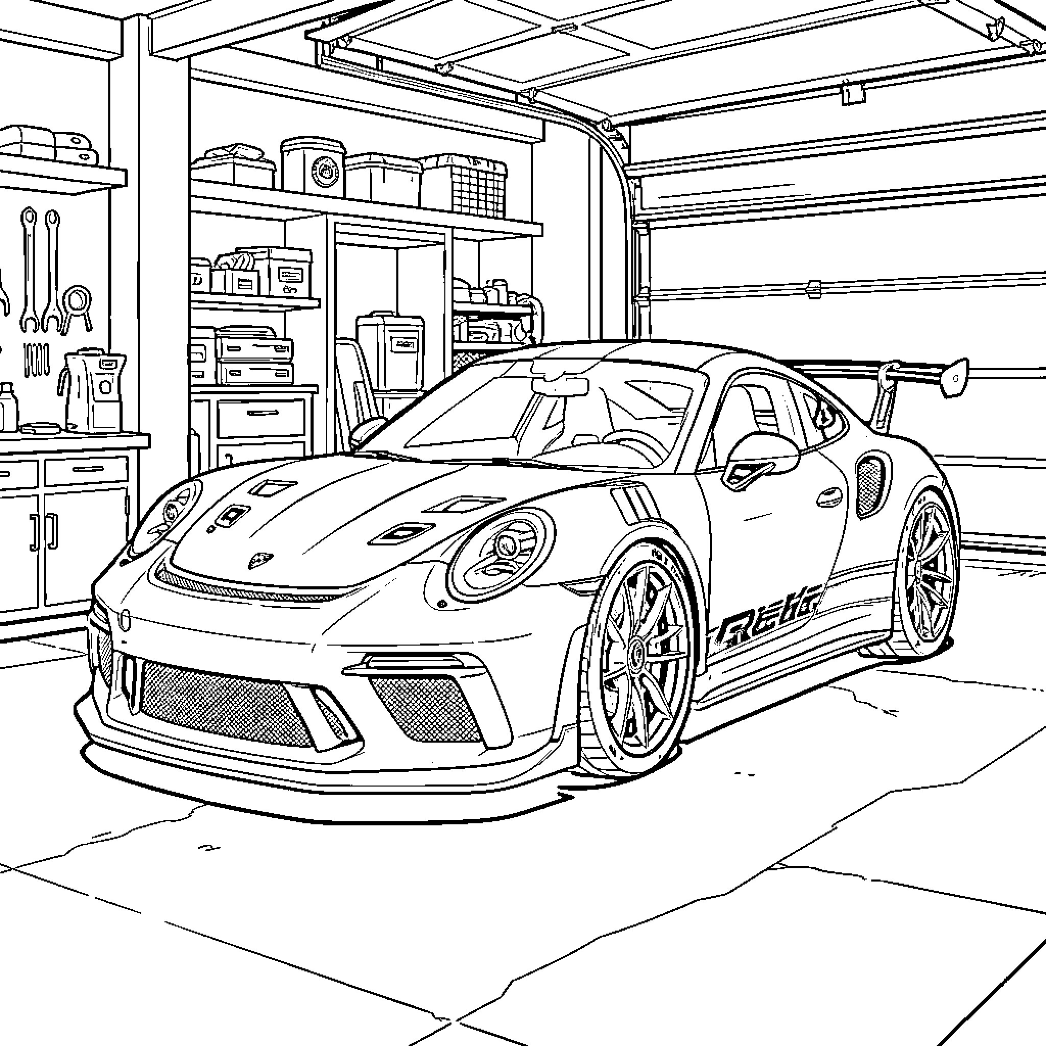 Porsche parked inside a well organized garage Coloring Page (free black-and-white line drawing printable PDF for all, from beginners to advanced learners, including children, teens, adults, and seniors)