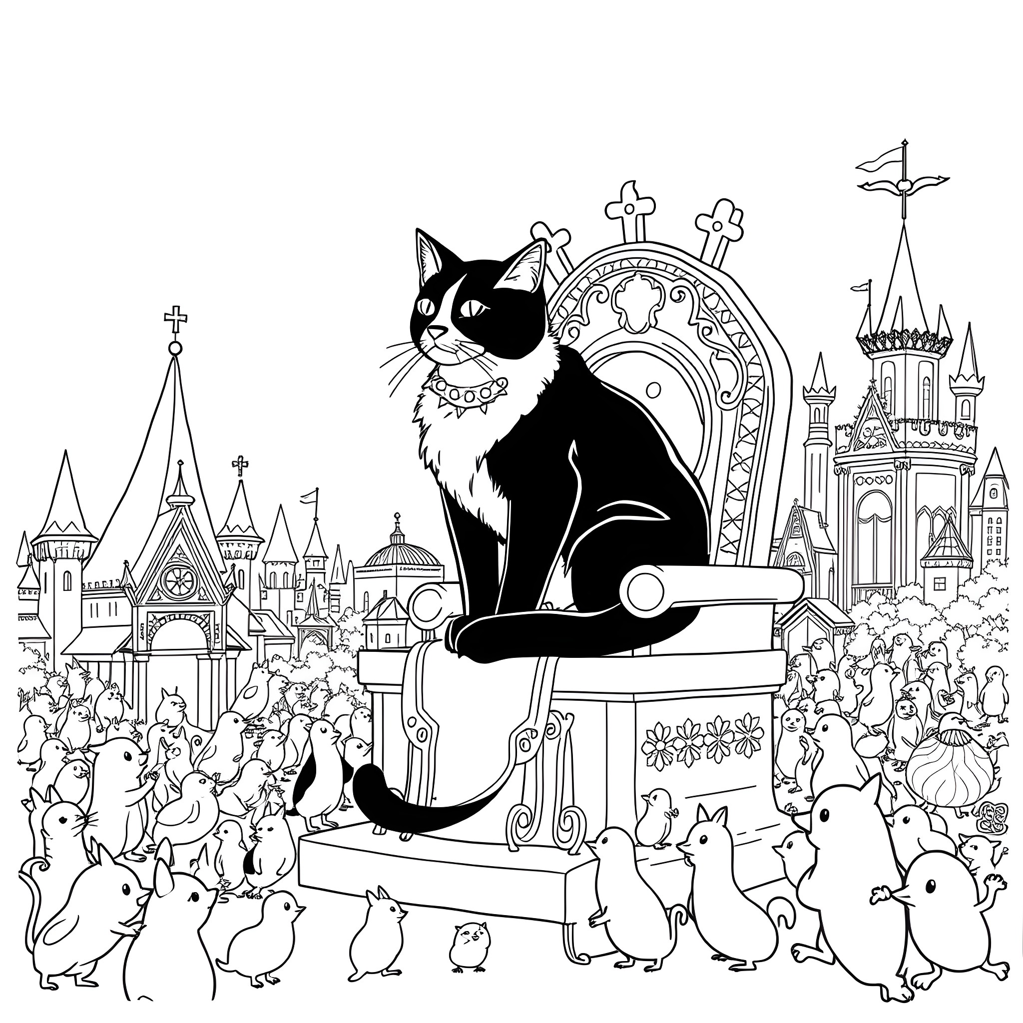 Tuxedo Cat Presiding Over a Whimsical Fairytale Scene Coloring Page (free black-and-white line drawing printable PDF for all, from beginners to advanced learners, including children, teens, adults, and seniors)