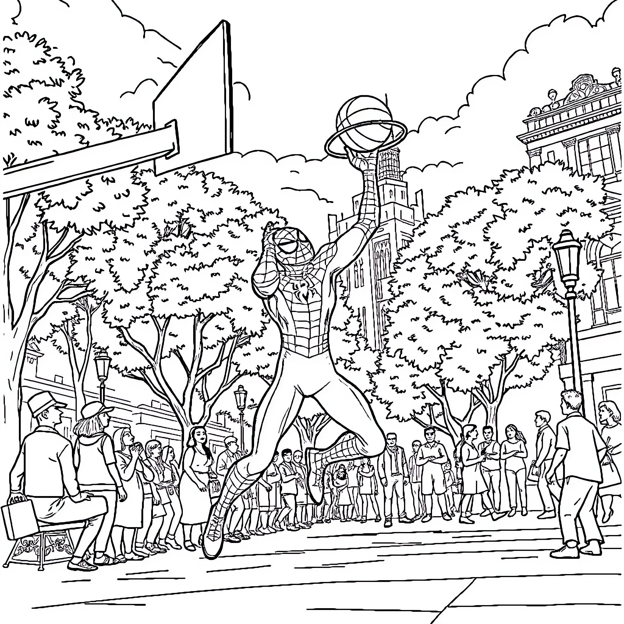Spiderman swinging through the city streets Coloring Page (free black-and-white line drawing printable PDF for all, from beginners to advanced learners, including children, teens, adults, and seniors)