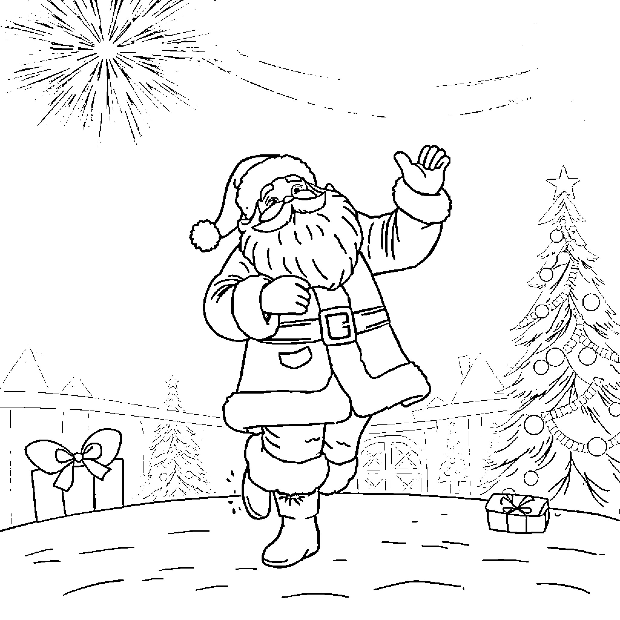 Santa Claus waving joyfully in winter wonderland Coloring Page (free black-and-white line drawing printable PDF for all, from beginners to advanced learners, including children, teens, adults, and seniors)