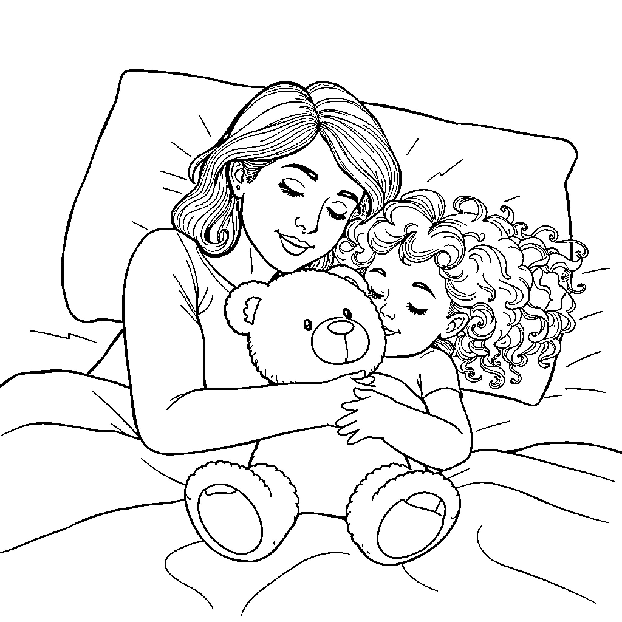 Mum's Tender Embrace with Child Coloring Page (free black-and-white line drawing printable PDF for all, from beginners to advanced learners, including children, teens, adults, and seniors)