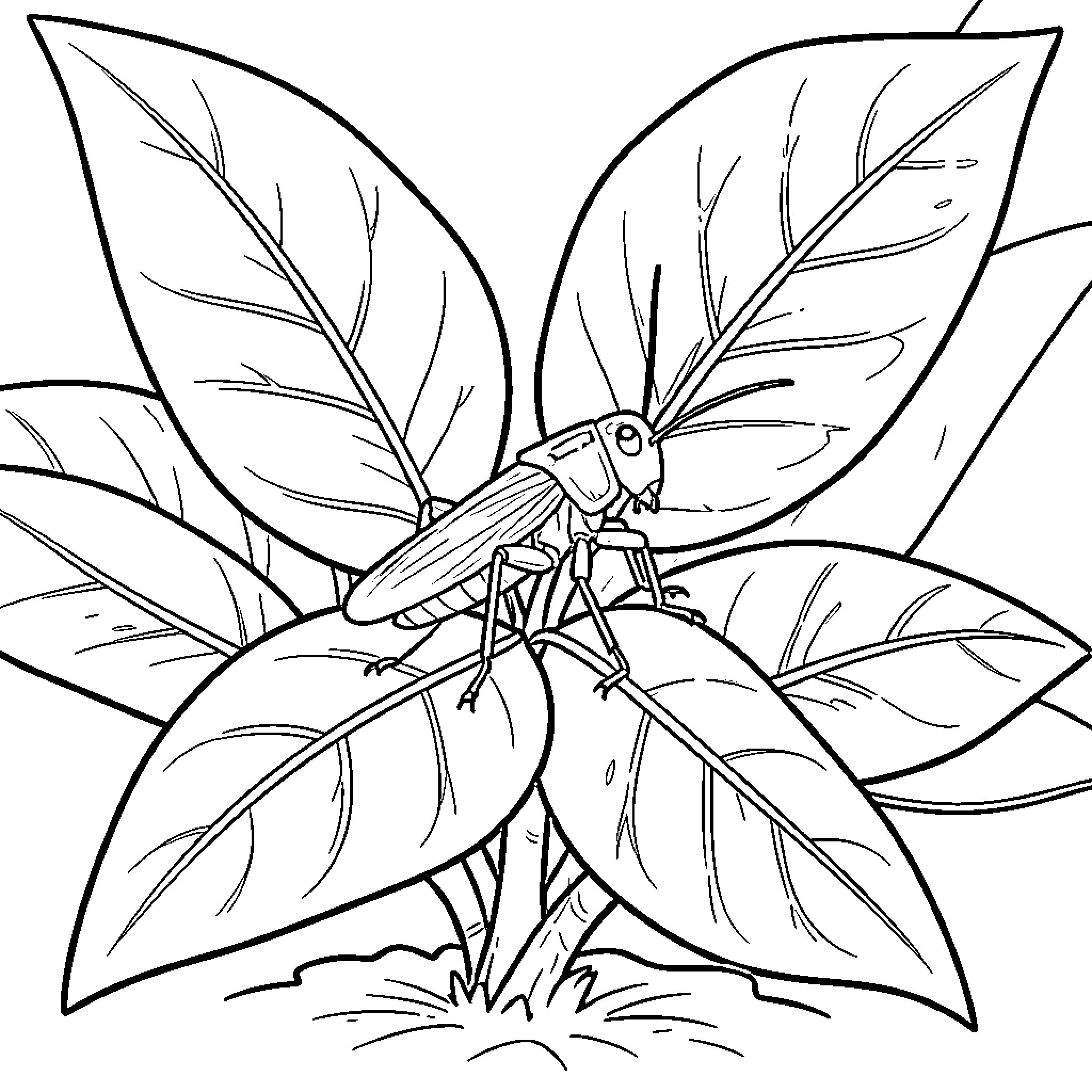 Cricket player batting in a leafy field Coloring Page (free black-and-white line drawing printable PDF for all, from beginners to advanced learners, including children, teens, adults, and seniors)