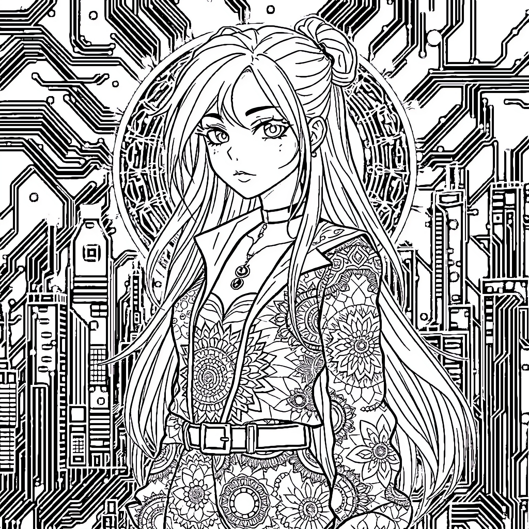 Anime Girl in Intricate Cyberpunk Cityscape Coloring Page (free black-and-white line drawing printable PDF for all, from beginners to advanced learners, including children, teens, adults, and seniors)