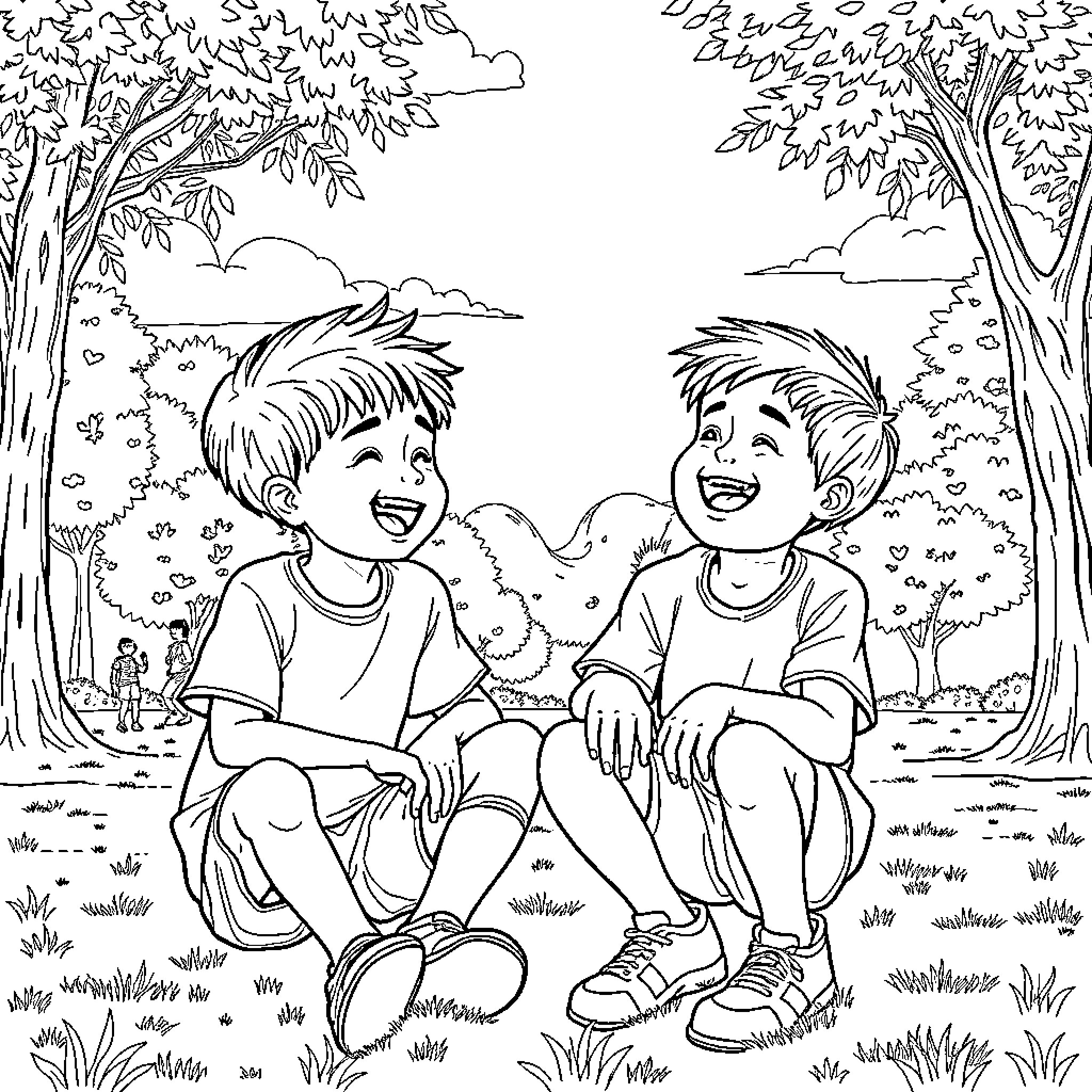Saja Boy having fun with a friend in the park Coloring Page (free black-and-white line drawing printable PDF for all, from beginners to advanced learners, including children, teens, adults, and seniors)