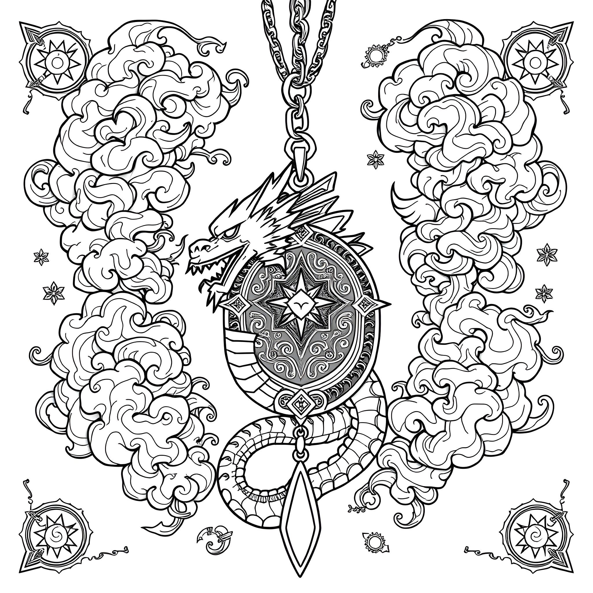 Dragon-themed Mystical Pendant and Swirling Clouds Coloring Page (free black-and-white line drawing printable PDF for all, from beginners to advanced learners, including children, teens, adults, and seniors)