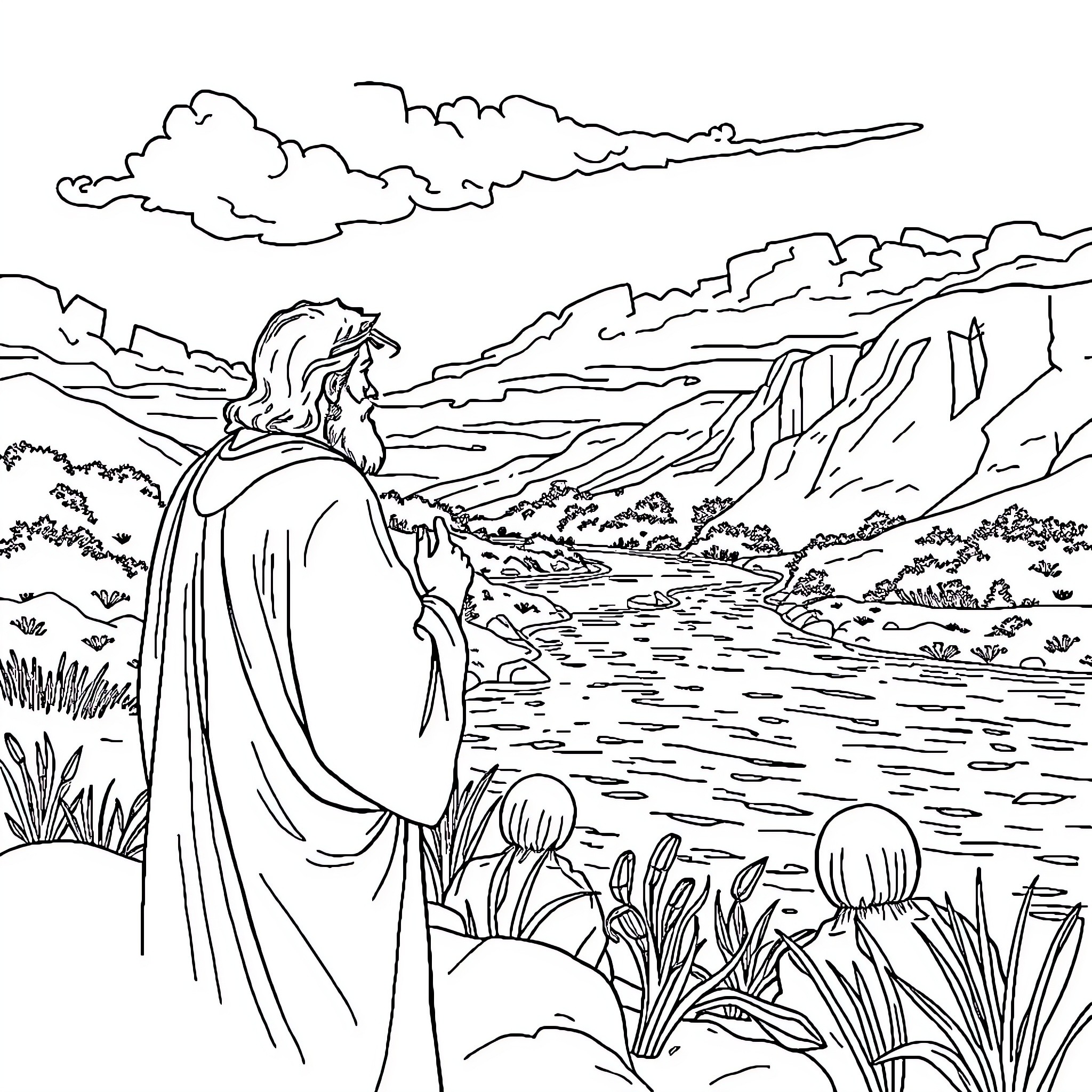 Moses gazing over the expansive landscape Coloring Page (free black-and-white line drawing printable PDF for all, from beginners to advanced learners, including children, teens, adults, and seniors)