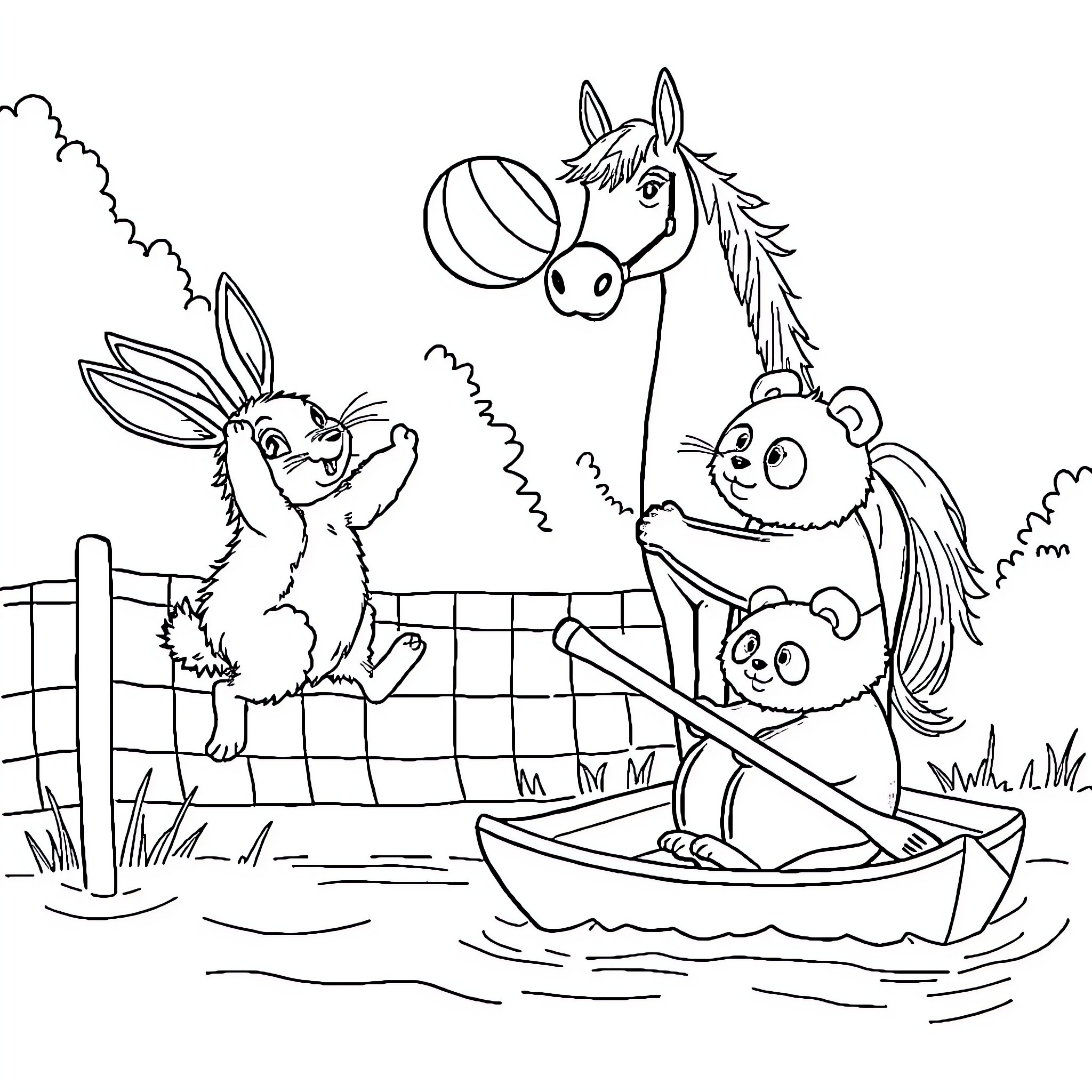 Jackrabbit, Panda, and Horse at Play Coloring Page (free black-and-white line drawing printable PDF for all, from beginners to advanced learners, including children, teens, adults, and seniors)