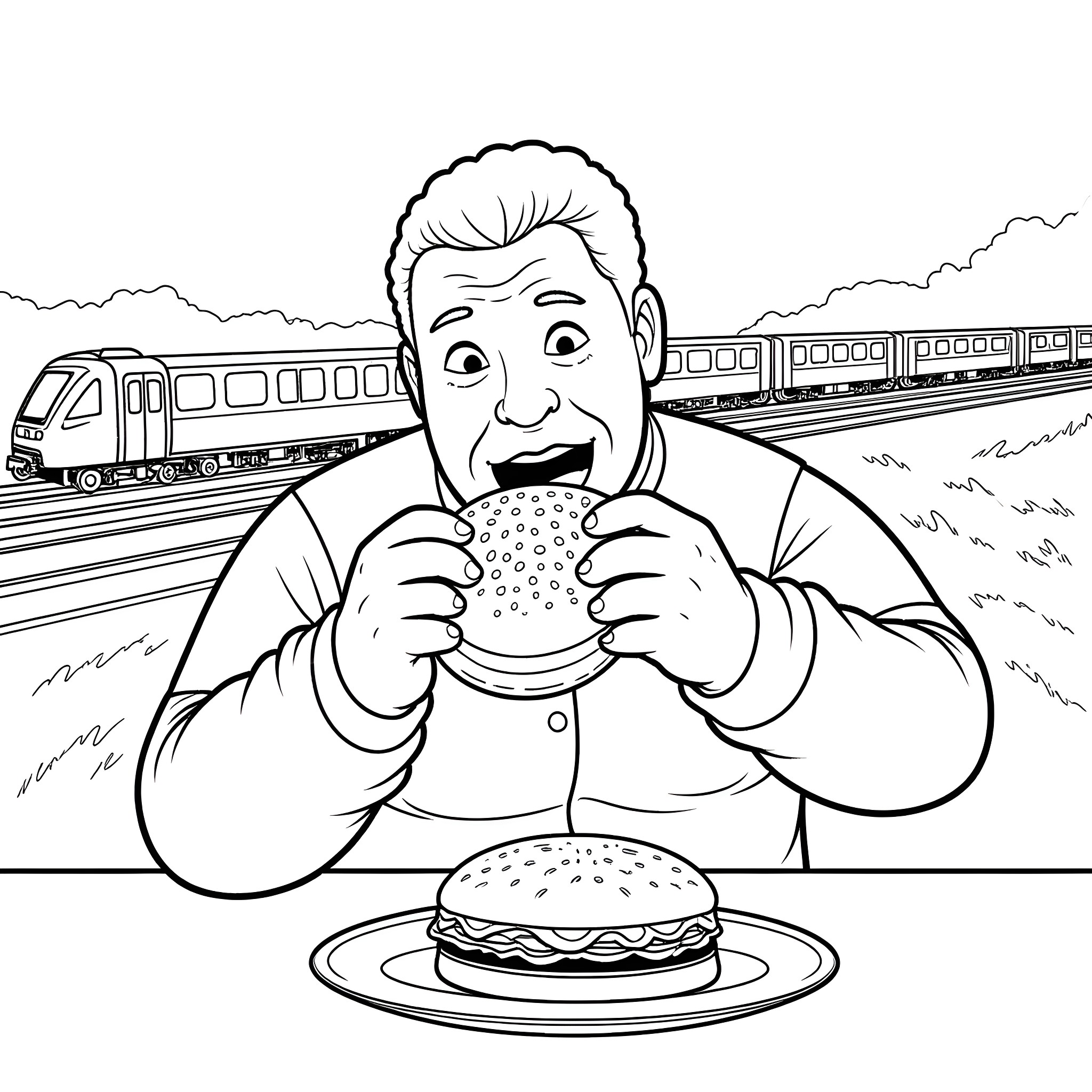 Harvey Price Enjoying a Burger by the Train Coloring Page (free black-and-white line drawing printable PDF for all, from beginners to advanced learners, including children, teens, adults, and seniors)