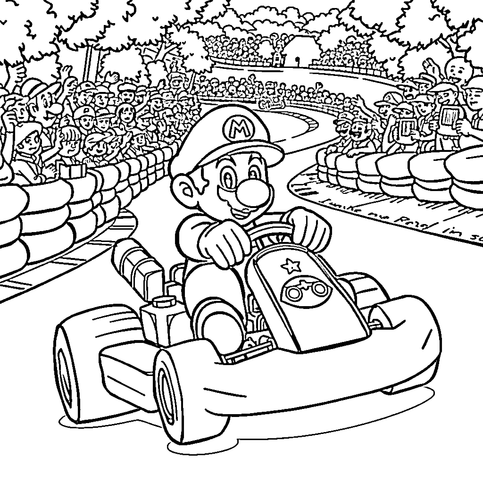 Mario Kart Racing with Fans in the Stadium Coloring Page (free black-and-white line drawing printable PDF for all, from beginners to advanced learners, including children, teens, adults, and seniors)