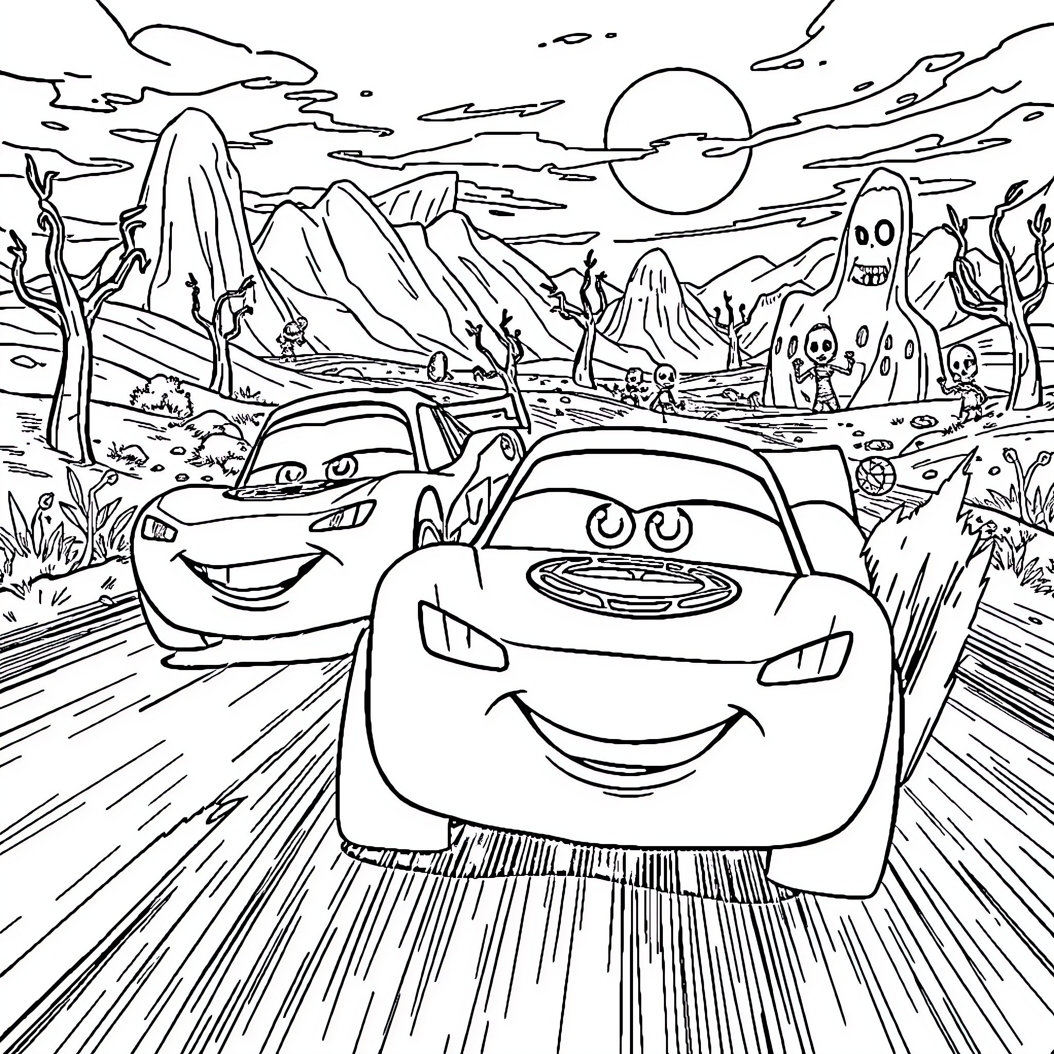 Car characters on a desert road trip Coloring Page (free black-and-white line drawing printable PDF for all, from beginners to advanced learners, including children, teens, adults, and seniors)