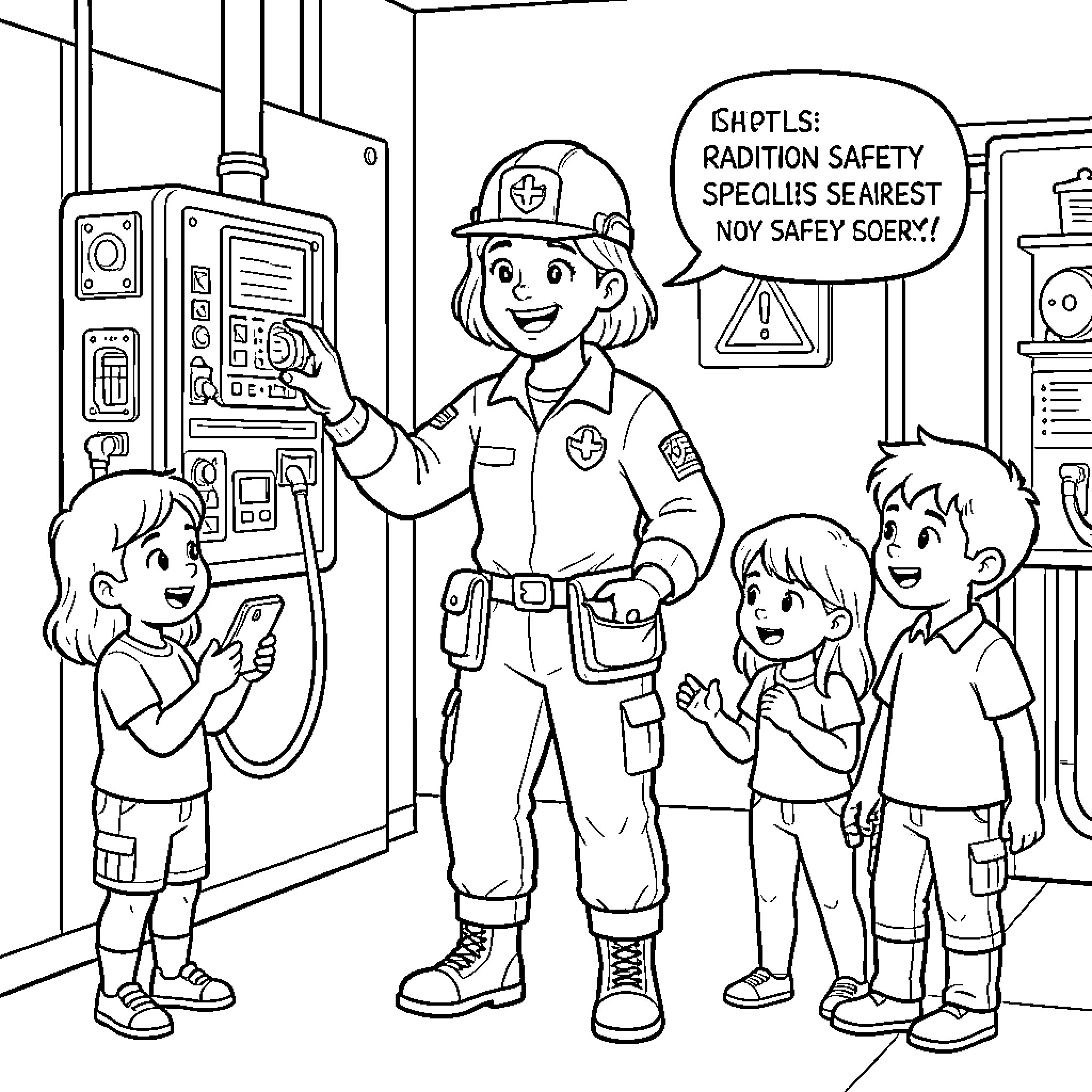 Radiation Safety Specialist demonstrating equipment to curious children Coloring Page (free black-and-white line drawing printable PDF for all, from beginners to advanced learners, including children, teens, adults, and seniors)