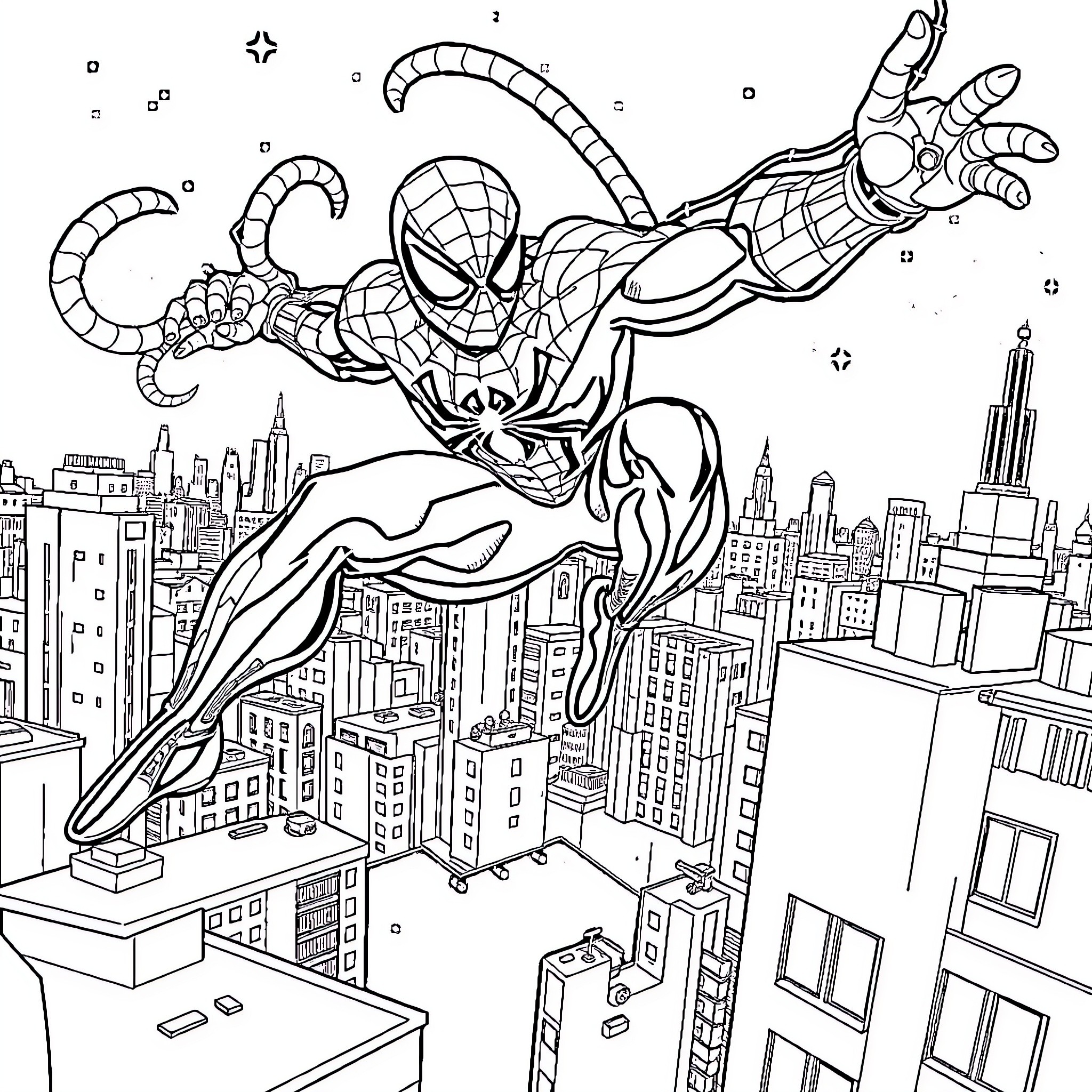Spider-Man swinging through the city in action pose Coloring Page (free black-and-white line drawing printable PDF for all, from beginners to advanced learners, including children, teens, adults, and seniors)