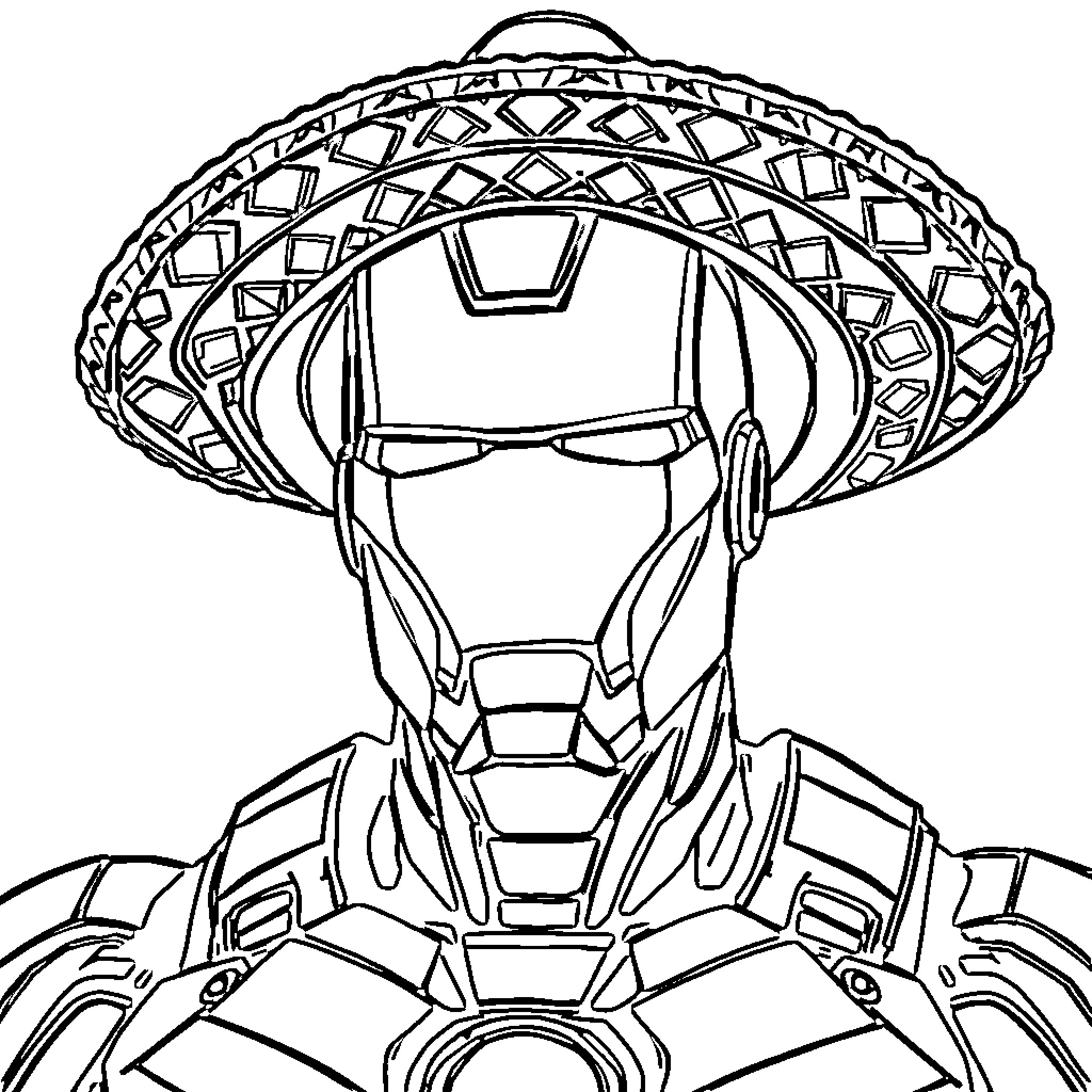 Iron Man in Sombrero Armor Stance Coloring Page (free black-and-white line drawing printable PDF for all, from beginners to advanced learners, including children, teens, adults, and seniors)