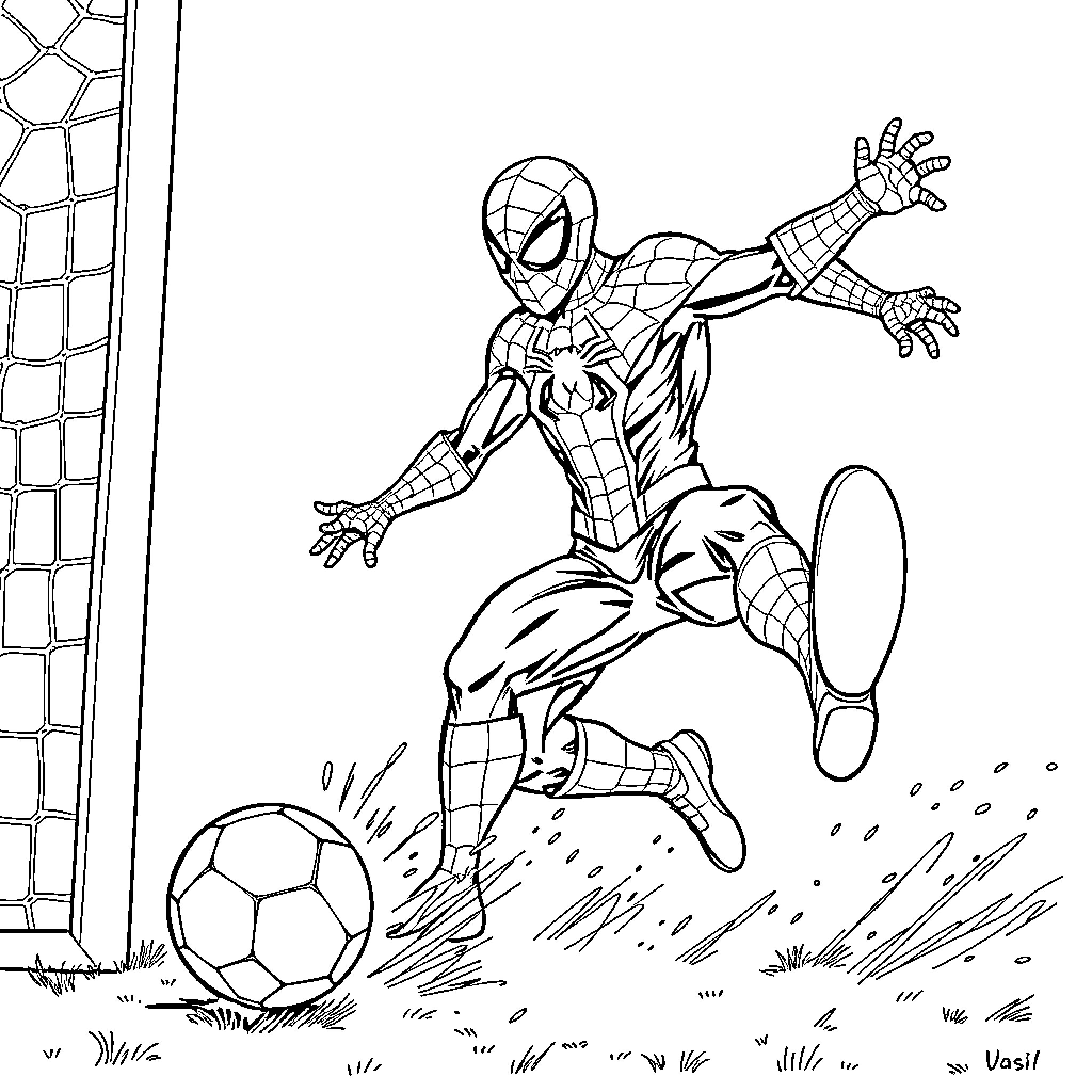 Spiderman playing with a soccer ball Coloring Page (free black-and-white line drawing printable PDF for all, from beginners to advanced learners, including children, teens, adults, and seniors)