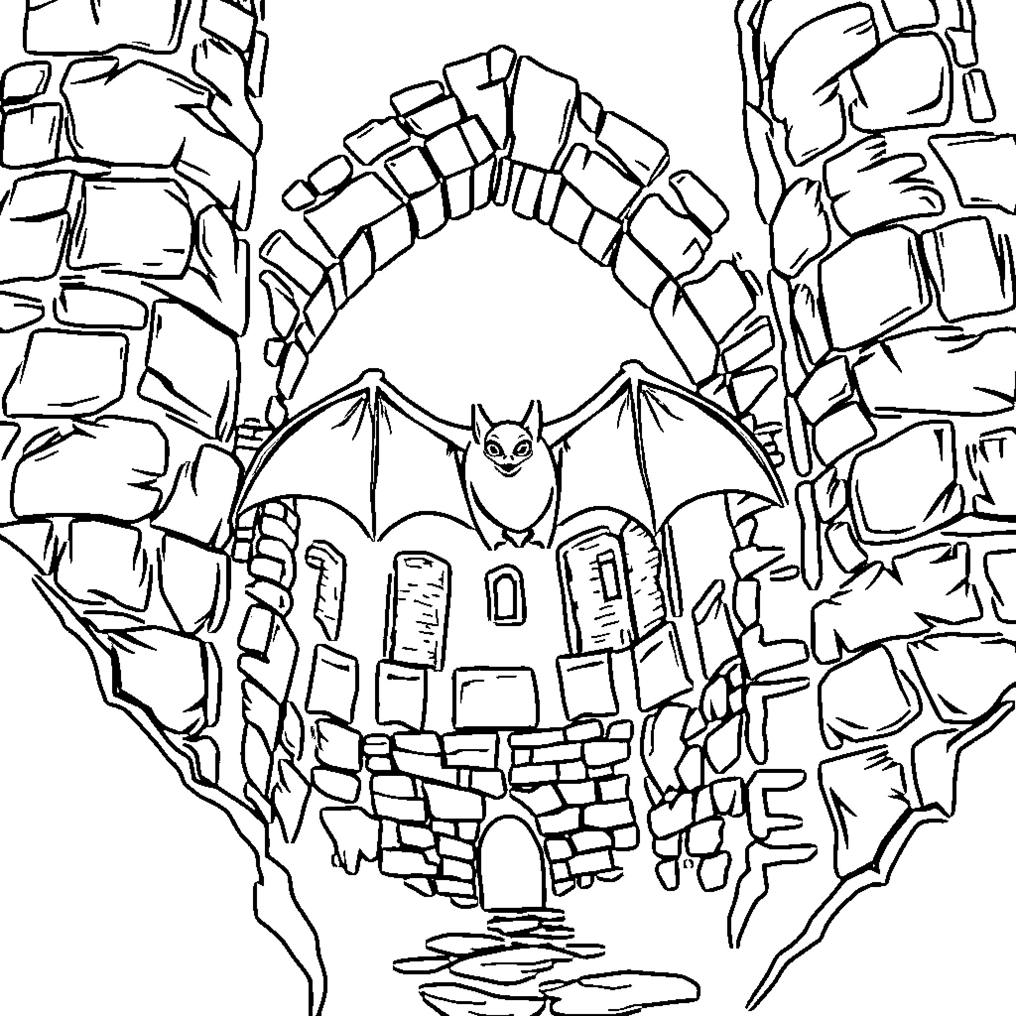 Bat flying above mysterious castle ruins Coloring Page (free black-and-white line drawing printable PDF for all, from beginners to advanced learners, including children, teens, adults, and seniors)
