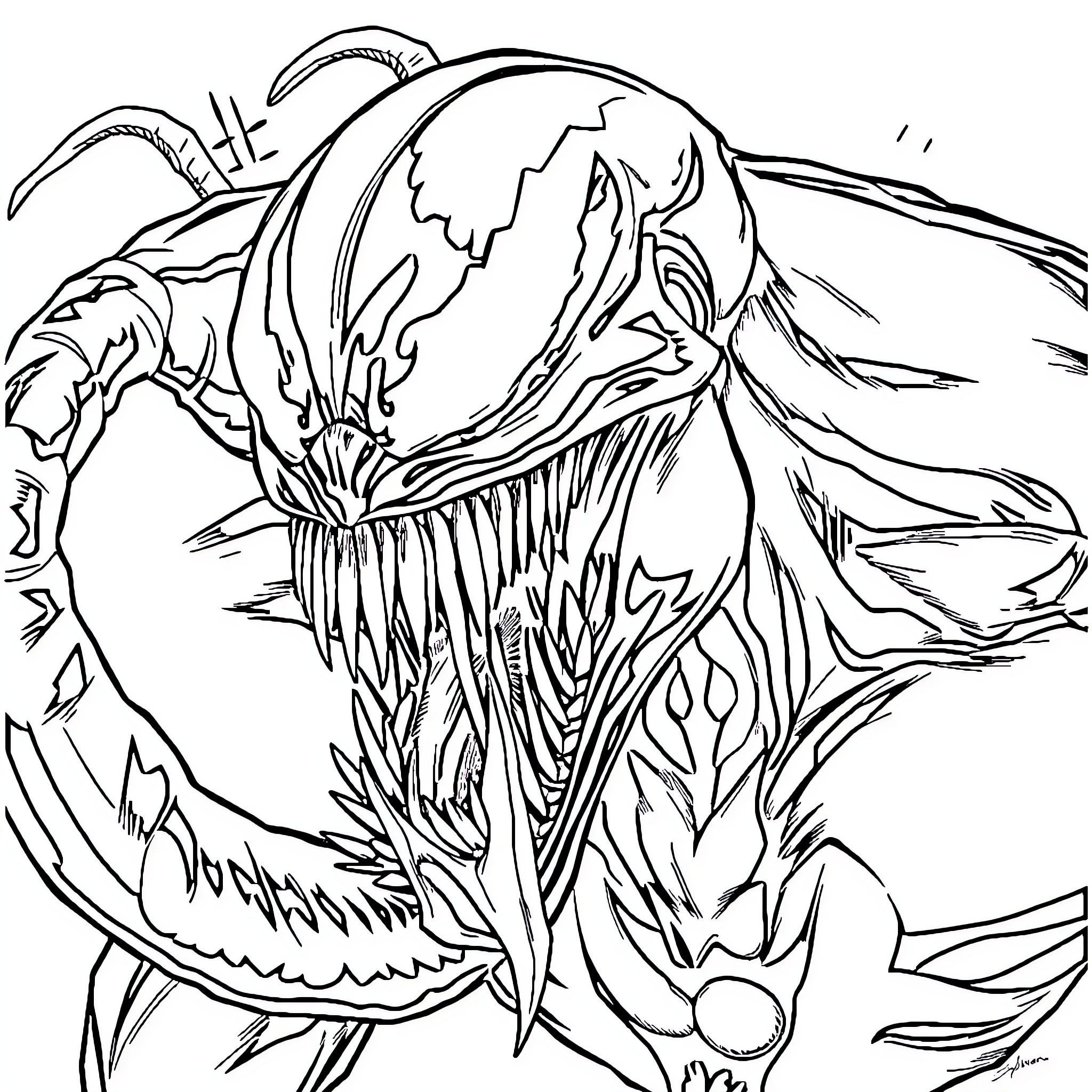 Venom's Monstrous Transformation Coloring Page (free black-and-white line drawing printable PDF for all, from beginners to advanced learners, including children, teens, adults, and seniors)