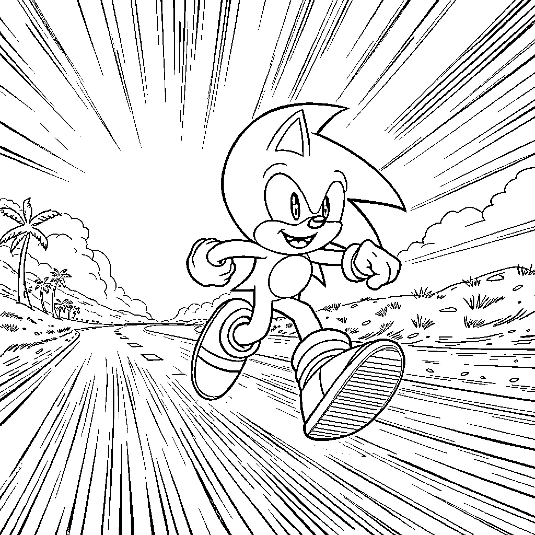 Sonic Racing Across the Beach Coloring Page (free black-and-white line drawing printable PDF for all, from beginners to advanced learners, including children, teens, adults, and seniors)