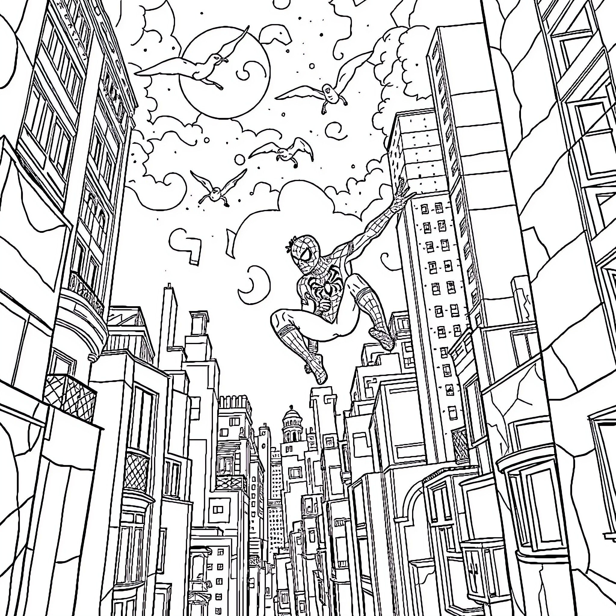 Spider-Man swinging through the city at night Coloring Page (free black-and-white line drawing printable PDF for all, from beginners to advanced learners, including children, teens, adults, and seniors)