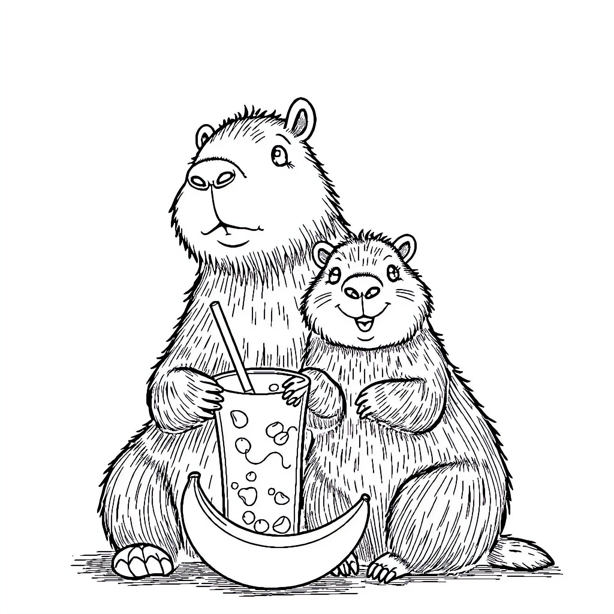 Capybara friends enjoying a refreshing drink Coloring Page (free black-and-white line drawing printable PDF for all, from beginners to advanced learners, including children, teens, adults, and seniors)