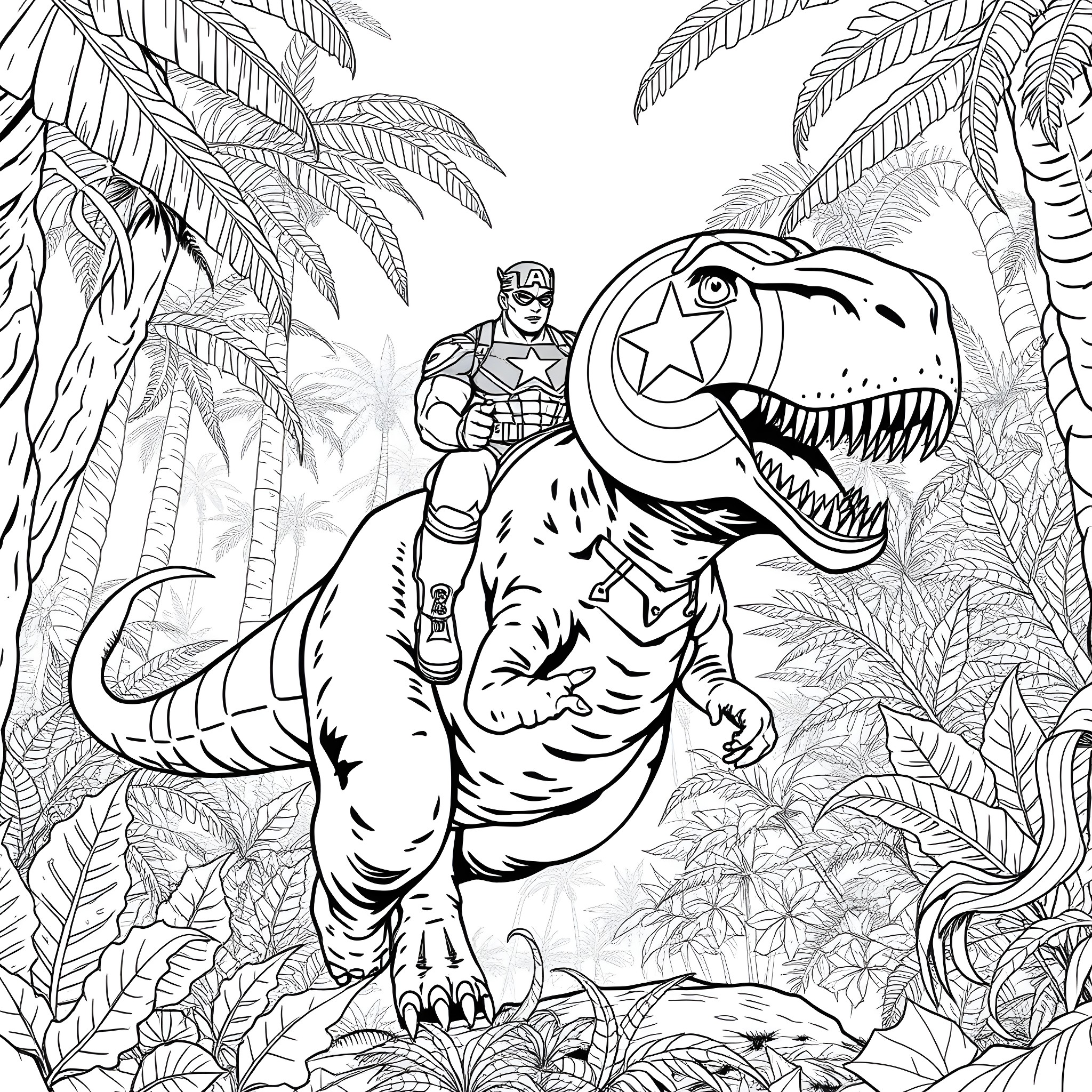 Captain America Battles Jurassic Foe in Lush Jungle Coloring Page (free black-and-white line drawing printable PDF for all, from beginners to advanced learners, including children, teens, adults, and seniors)