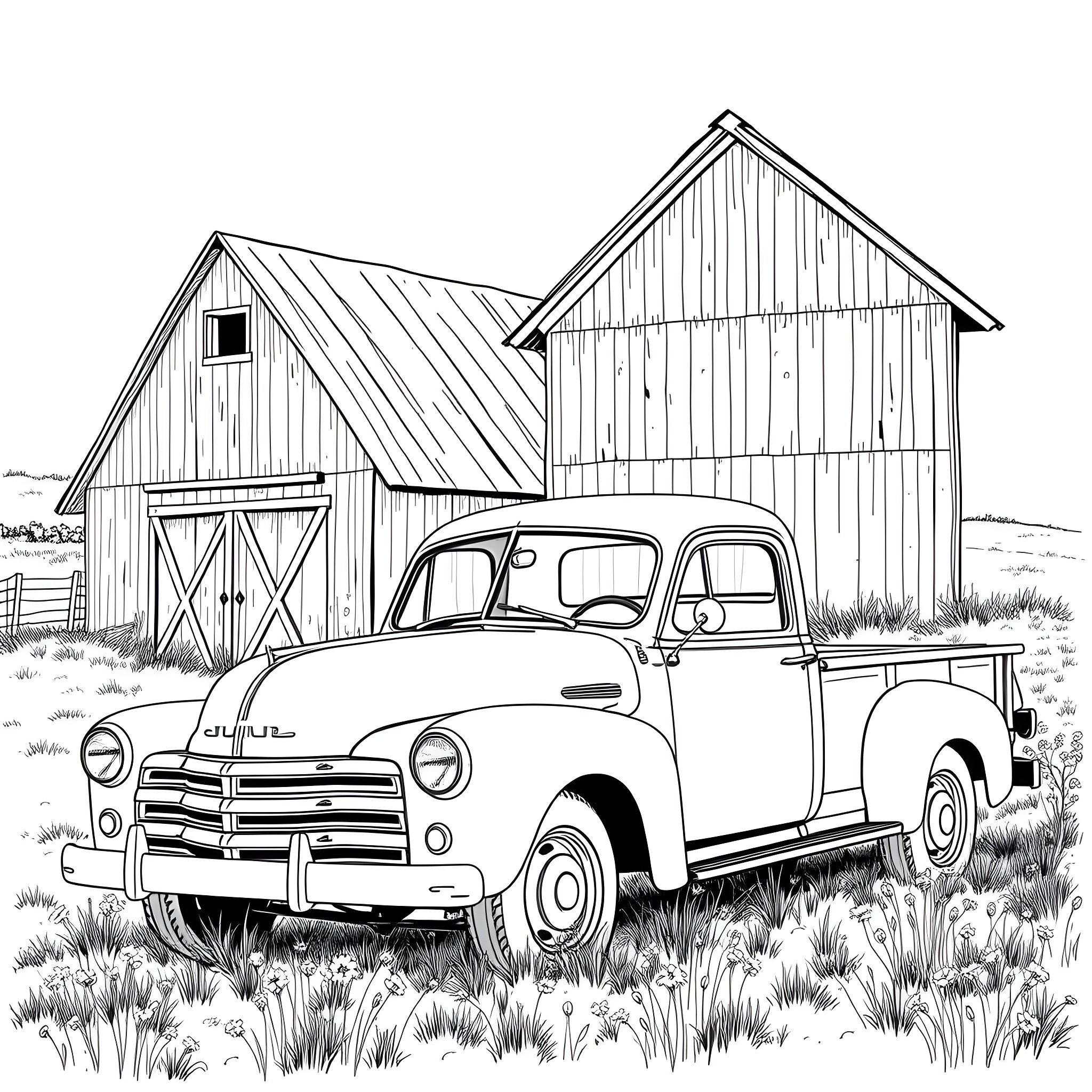 Truck with old barn in countryside landscape Coloring Page (free black-and-white line drawing printable PDF for all, from beginners to advanced learners, including children, teens, adults, and seniors)